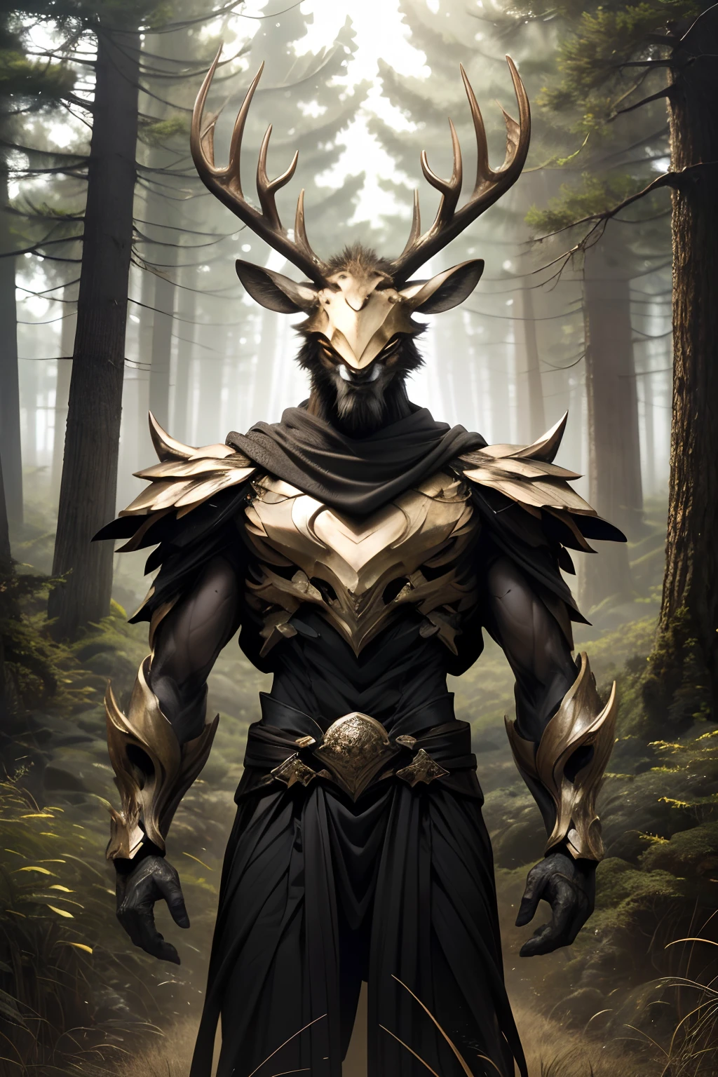 Beisteman、Deer Man、Adult Male、Slender Macho Body、The whole body is covered with hairs..、Forest landscape and steppe、