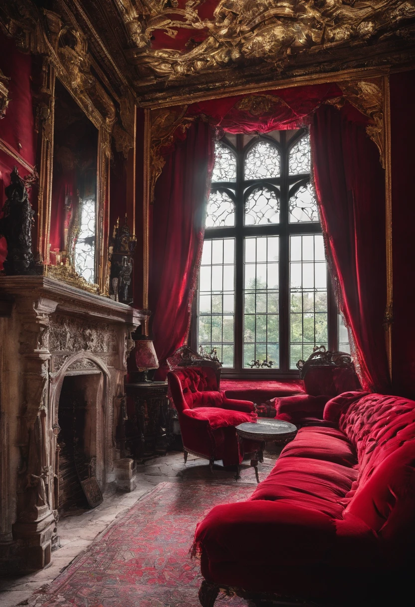 Medieval house，red sofa，Red curtains，The light is dim，classical，noble，run-down，desolated，Gold-framed windows，Withered trees，Withered yellow sky