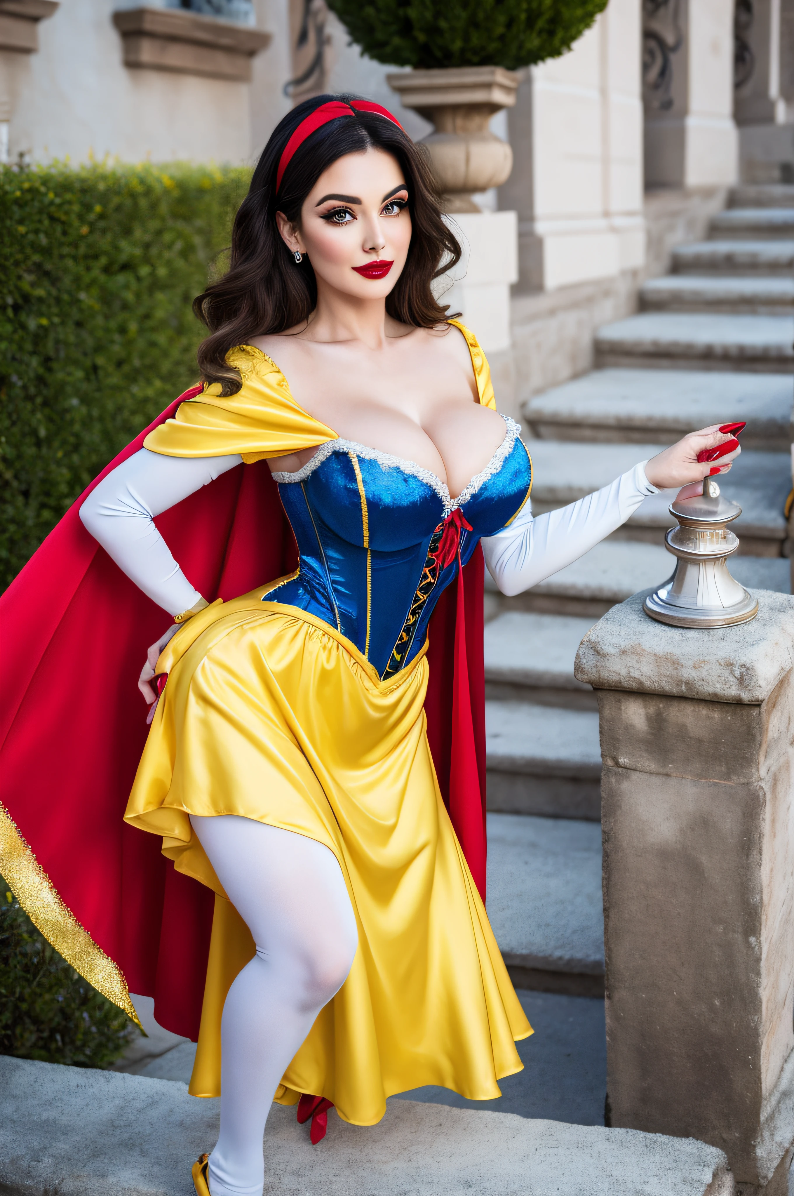 Beautiful Italian 50 year old woman, silk disney snow white costume, photorealistic, masterpiece, tight clothes, large breasts, lipstick, beautiful face, seductive, cute, blue silk corset,yellow silk skater skirt, red headband, red silk cape, red and white slashed silk puffer shoulder sleeves, beautiful face, perfect face, huge breasts, cleavage