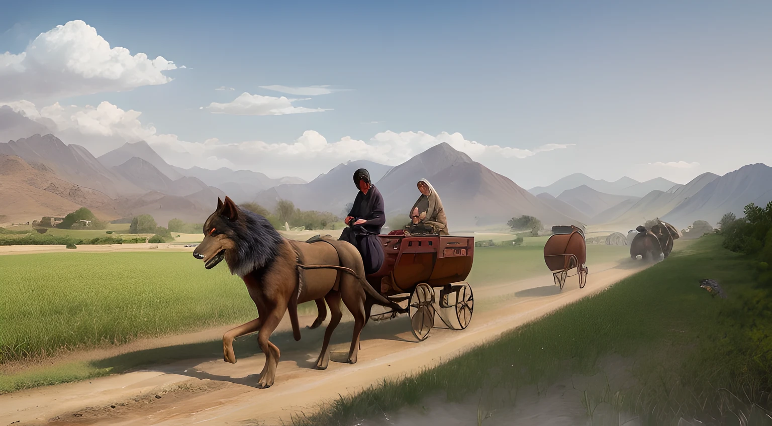 st quality, masterpiece, high resolution, kimhongdo painting, kimhongdo style, heoryeon style, whtjs, tnanr, imagine a Wagon pulled by Mythical Beast, giant wolf of Kandahar in the dirt road. beautiful landscape of mountain, rice field, and clear sky in the background.