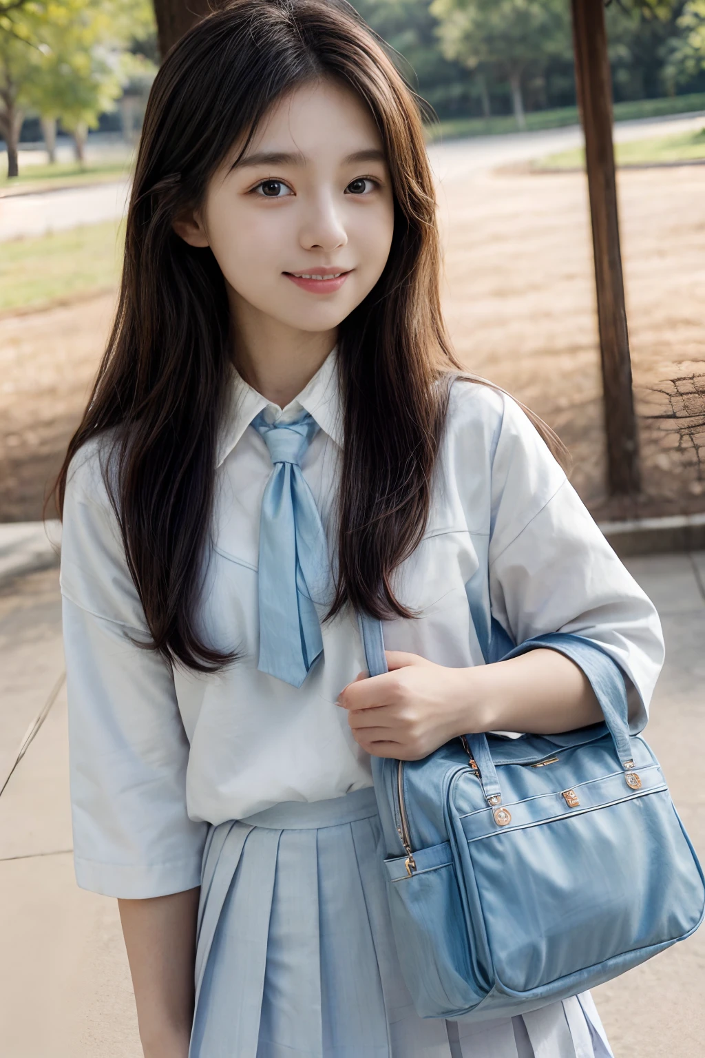 masterpiece、8K、32K、top-quality、(A cute Japanese woman:1.1)、detail portrayal、1 girl in、elegent、pupils、(School uniform:1.3)、School Bag、School Grounds、cowboy shot、ssmile、Angle from below