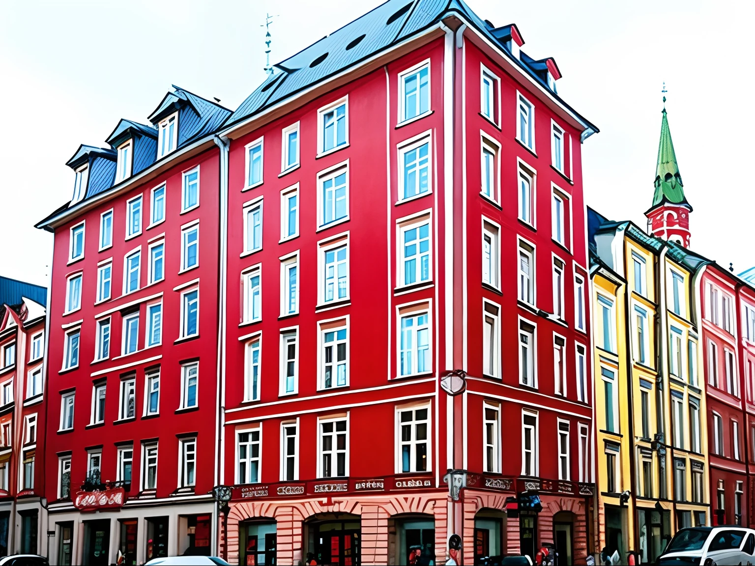 Red and White Buildings, In Legnica!!!, In Legnica, in a city square, Trip to Legnica, from memory!!!! Legnica, In Russia, the neat and dense buildings, standing in a city center, epic buildings in the center, In Legnica Town Hall, Central Moscow, square, Architecture of Russia、Watercolor style