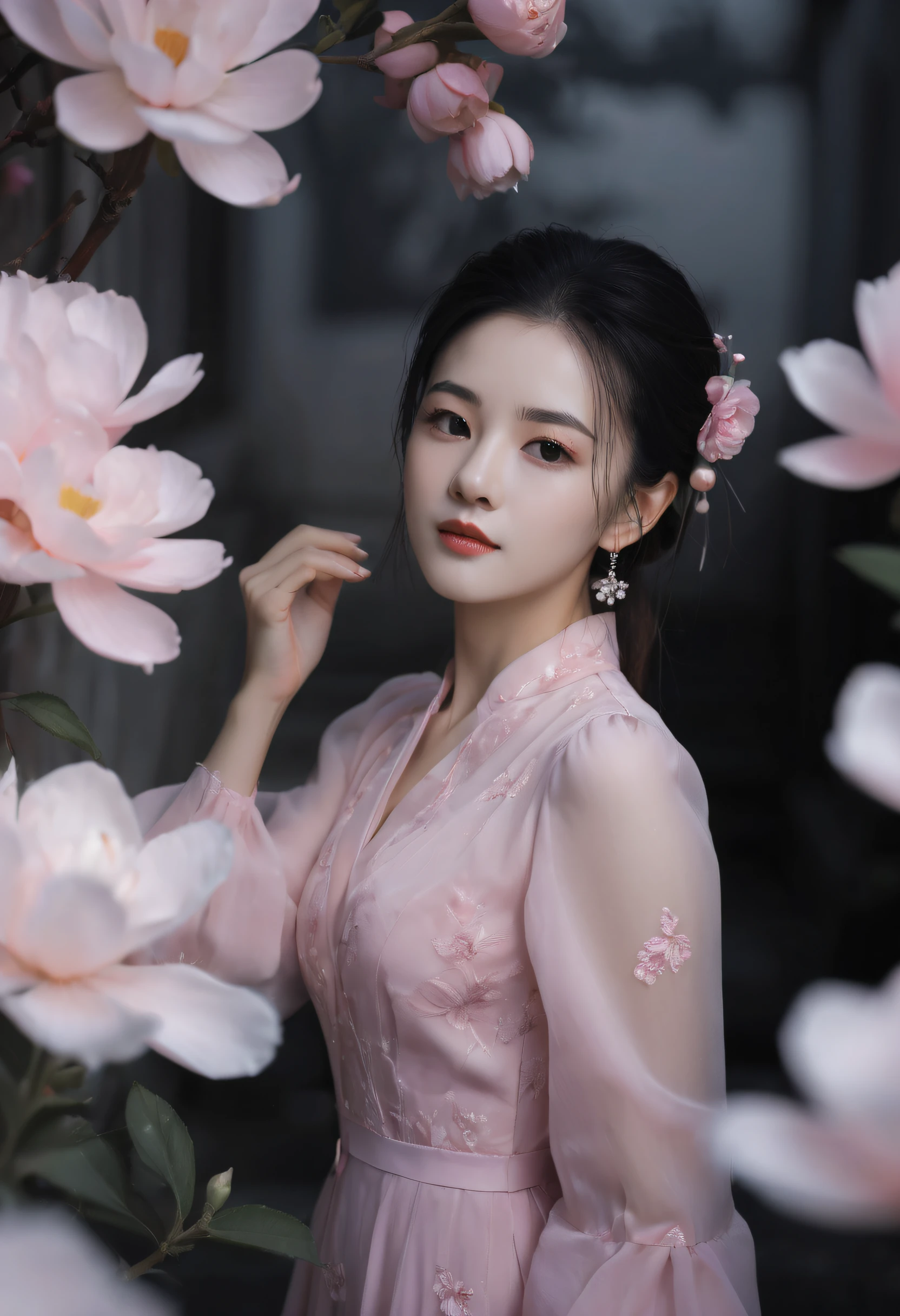 a beautiful woman in a pink dress is posing in front of flowers, in the style of samyang af 14mm f/2.8 rf, photorealistic eye, translucent resin waves, utopian vision, qing dynasty, dark white and light gray, eye-catching tags