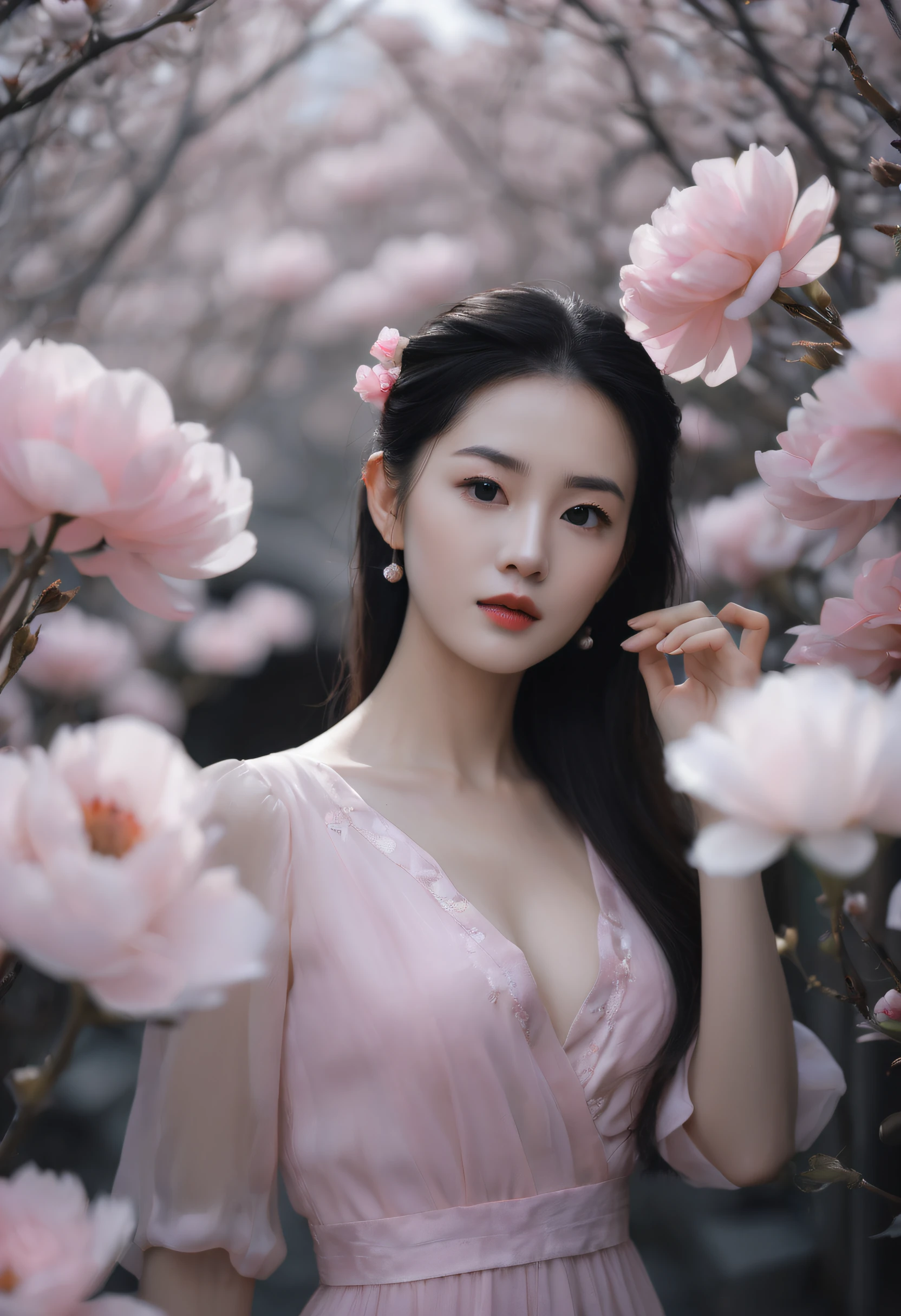 a beautiful woman in a pink dress is posing in front of flowers, in the style of samyang af 14mm f/2.8 rf, photorealistic eye, translucent resin waves, utopian vision, qing dynasty, dark white and light gray, eye-catching tags