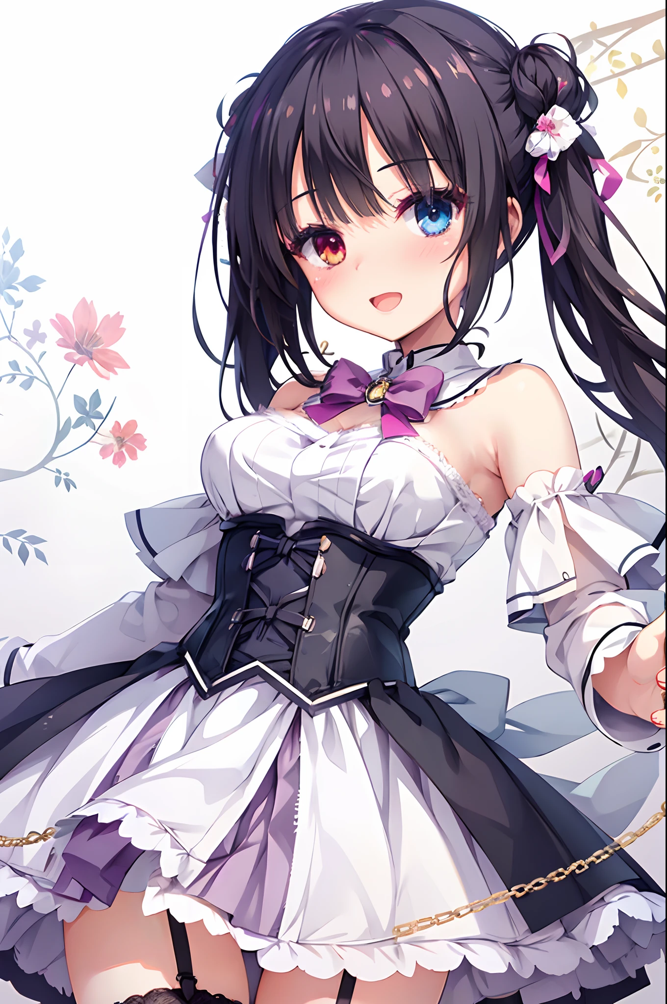 mesugaki,magical girl costume,corsets,Twintails with black hair,(Heterochromia),blushed face，Smile with open mouth,White background,garter strap,Top image quality,Best Quality