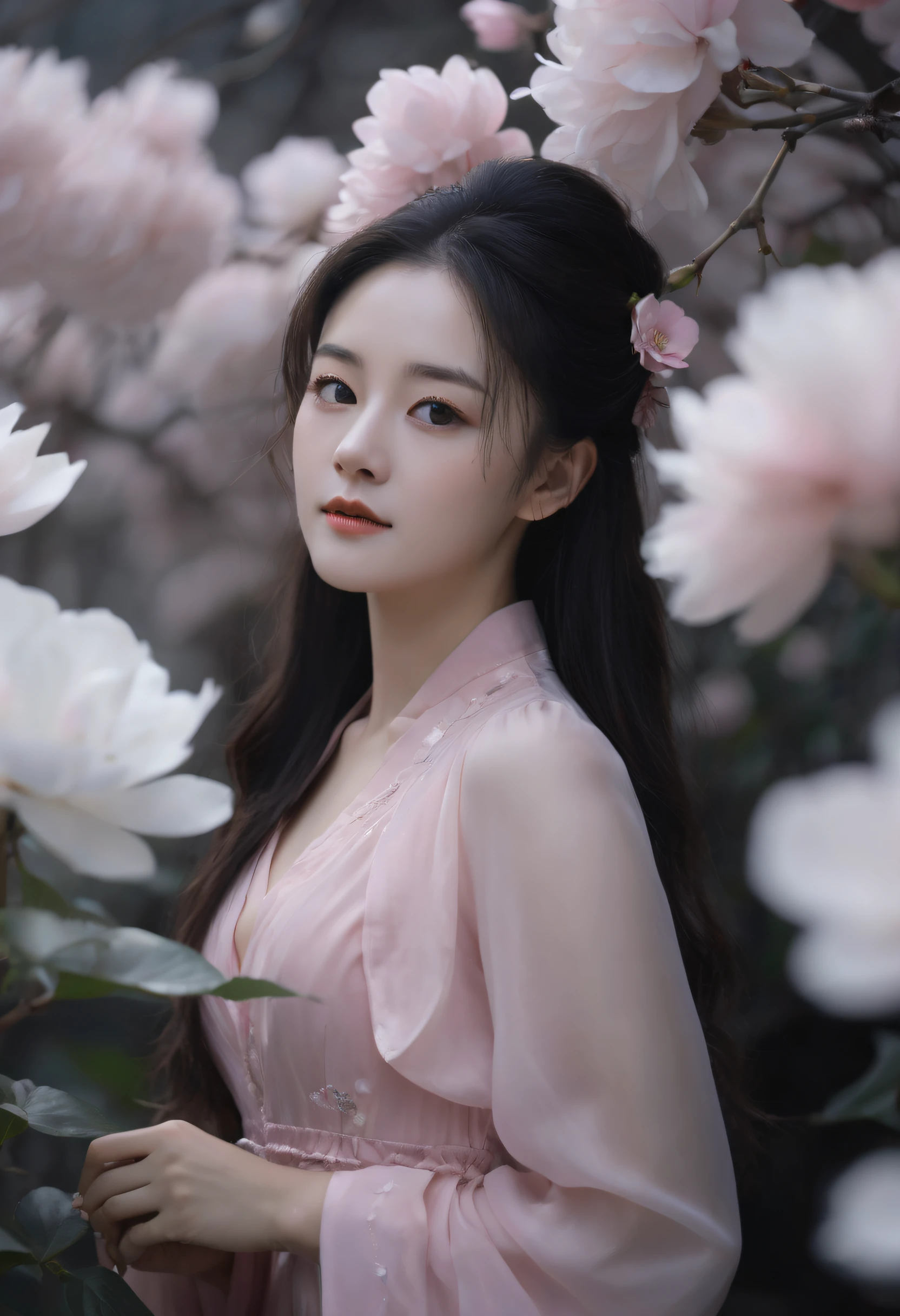 a beautiful woman in a pink dress is posing in front of flowers, cropped shoulders, Long fluffy curly hair, in the style of samyang af 14mm f/2.8 rf, photorealistic eye, translucent resin waves, utopian vision, qing dynasty, dark white and light gray, eye-catching tags