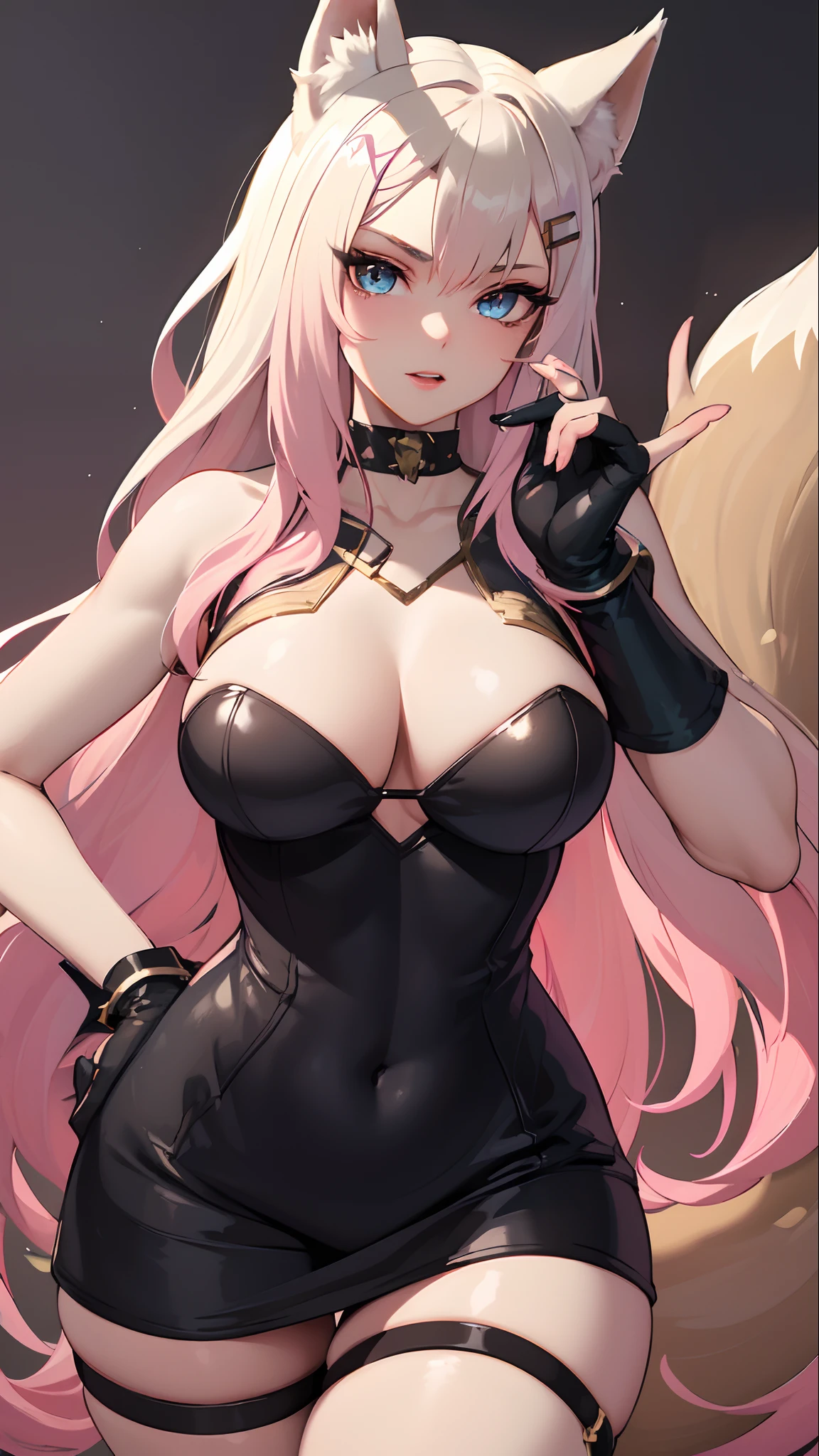 best quality,masterpiece,8k wallpaper,absurdres, highres, ultra detailed, (****ung beautiful girl, solo:1.1),realistic,k/da (league of legends), solo, animal ears,gloves, fox ears, hair ornament, long hair, blonde hair,blue eyes, whisker markings, fingerless gloves, pink hair,multicolored hair,official alternate costume, asymmetrical clothes, makeup, facial mark, hairclip, medium breasts, athletic body, slim body, skirt, thigh strap, lips, gradient hair, fox tail, single glove,fox tail, (nine-tailed fox (mythological creature):1.3),A fairytale land where magical creatures live and thrive,BREAK