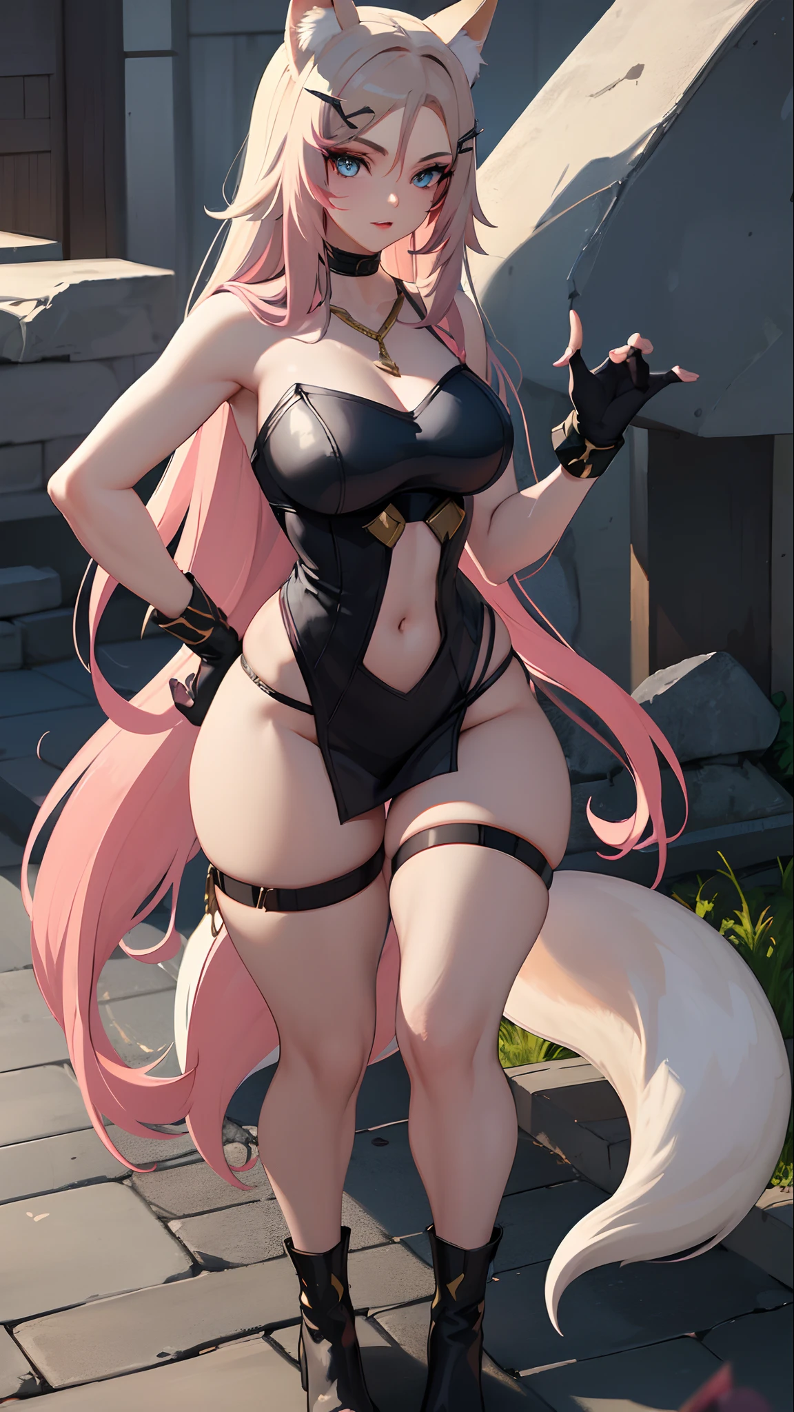 best quality,masterpiece,8k wallpaper,absurdres, highres, ultra detailed, (ung beautiful girl, solo:1.1),realistic,k/da (league of legends), solo, animal ears,gloves, fox ears, hair ornament, long hair, blonde hair,blue eyes, whisker markings, fingerless gloves, pink hair,multicolored hair,official alternate costume, asymmetrical clothes, makeup, facial mark, hairclip, medium breasts, athletic body, slim body, skirt, thigh strap, lips, gradient hair, fox tail, single glove,fox tail, (nine-tailed fox (mythological creature):1.3),A fairytale land where magical creatures live and thrive,BREAK