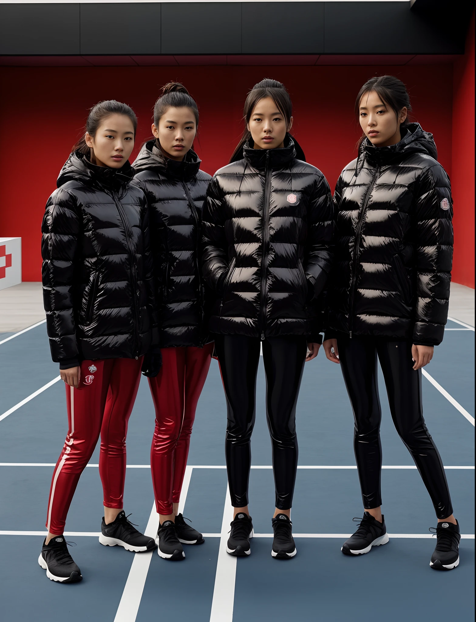 red cross emblems, an empty stretcher in the foreground on the bottom, sad japanese girls, unlucky but pretty japanese girls in moncler coats, japanese girls in laquered puffer coats and shiny vinyl leggings, vinyl leggings, moncler coats, shiny down coats, laquered downcoats, high shine laqplastic coats, laquered Moncler downcoat, high shine laquered coats, moncler, four women in black down jackets standing on a blue field, godesses, 💣 💥💣 💥, professional sports style, 2 techwear women, sports clothing, wearing japanese techwear, official, sport clothing, 🤬 🤮 💕 🎀, black and red only, 💣 💥, illustration:.4, wearing track and field suit, ƒ / 2. 5
