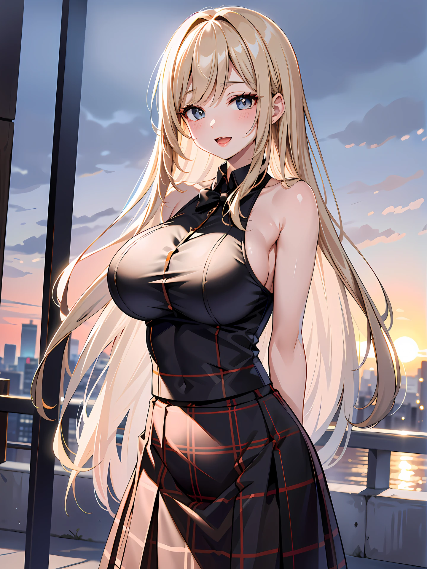 (1girl:1.3, solo), (Masterpiece, best quality, photorealistic, highres, photography, :1.3), ultra-detailed, sharp focus, professional photo, commercial photo, (upper body:1.3), (standing at downtow street), (((starring at the viewer:1.5))), (arms behind back:1.3),
BREAK,
1girl, solo, milf, European girl, hot model, (attractive model:1.37), (promotional model:1.2), highly detailed eyes and pupils, realistic skin, ((attractive body, gigantic breast:1.38, disproportionate breasts:1.38, thin waist:1.15)), medium-length thin hair, single braid hair, mahogany hair, extremely detailed hair, delicate sexy face, sensual gaze, shiny lips,
BREAK,
(dark-orange camisole:1.3), (black plaid-pattern-skirt:1.3), detailed clothes,
BREAK,
(outdoor, Times Square garden background, blurry background:1.25, simple background, no-human background, detailed background), (under sunset:1.37),
BREAK,
(attractive posing), ((realistic, super realistic, realism, realistic detail)), perfect anatomy, perfect proportion, bokeh, depth of field, hyper sharp image, (attractive emotion, seductive smile:1.2, happy:1.2, blush:1.2, :d:1.2, :p:1.2), 4fingers and thumb, perfect human hands, wind,