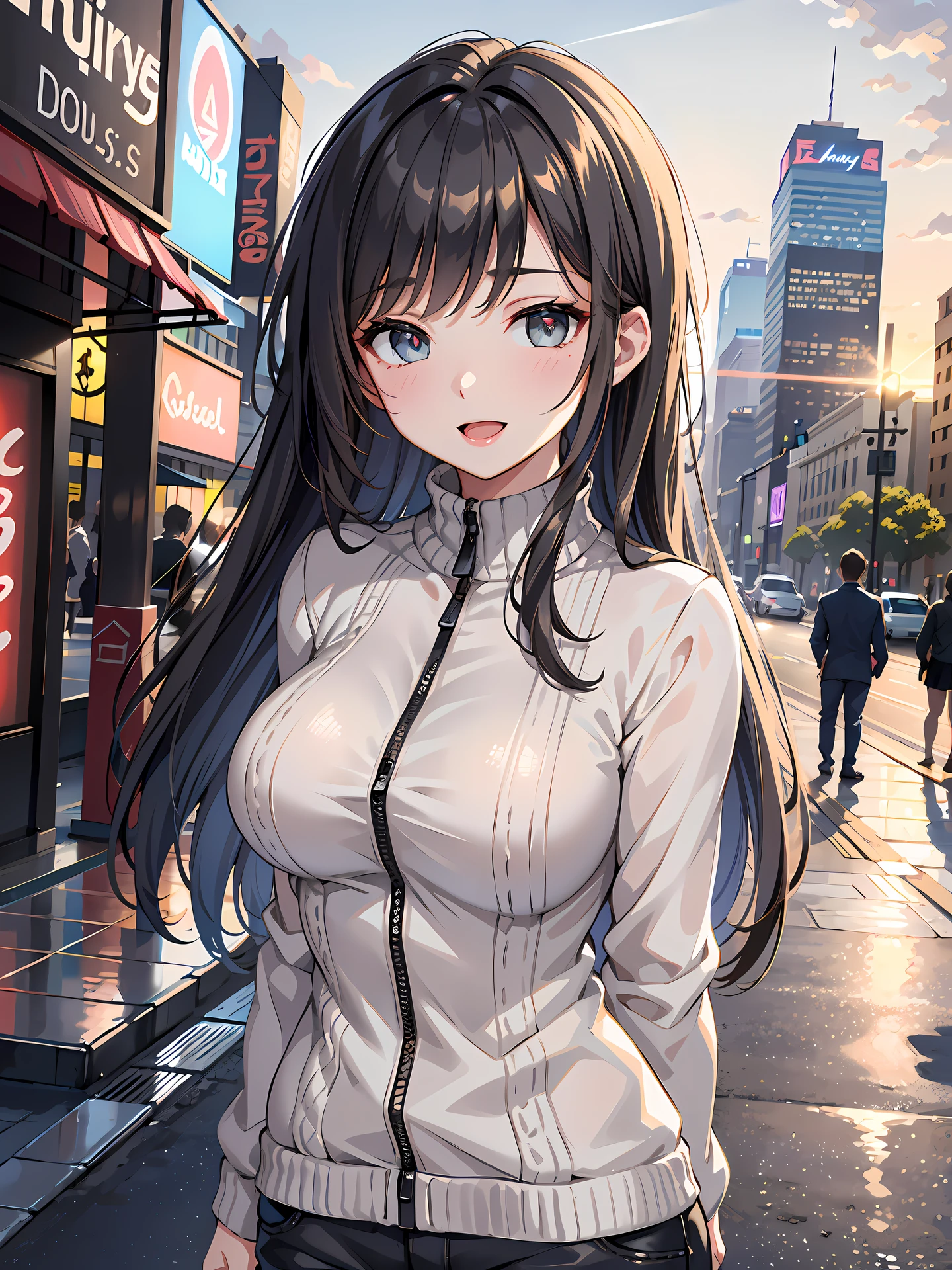 (1girl:1.3, solo), (Masterpiece, best quality, photorealistic, highres, photography, :1.3), ultra-detailed, sharp focus, professional photo, commercial photo, (upper body:1.3), (standing at downtow street), (((starring at the viewer:1.5))), (arms behind back:1.3), 
BREAK, 
1girl, solo, milf, European girl, hot model, (attractive model:1.37), (promotional model:1.2), highly detailed eyes and pupils, realistic skin, (attractive body, large breast:1.25, thin waist:1.15), medium-length thin hair, single braid hair, mahogany hair, extremely detailed hair, delicate sexy face, sensual gaze, shiny lips, 
BREAK, 
(dark-grey zip-up turtleneck sweater:1.3), (shorts:1.3), detailed clothes, 
BREAK, 
(outdoor, Times Square garden background, blurry background:1.25, simple background, no-human background, detailed background), (under sunset:1.37), 
BREAK, 
(attractive posing), ((realistic, super realistic, realism, realistic detail)), perfect anatomy, perfect proportion, bokeh, depth of field, hyper sharp image, (attractive emotion, seductive smile:1.2, happy:1.2, blush:1.2, :d:1.2, :p:1.2), 4fingers and thumb, perfect human hands, wind,