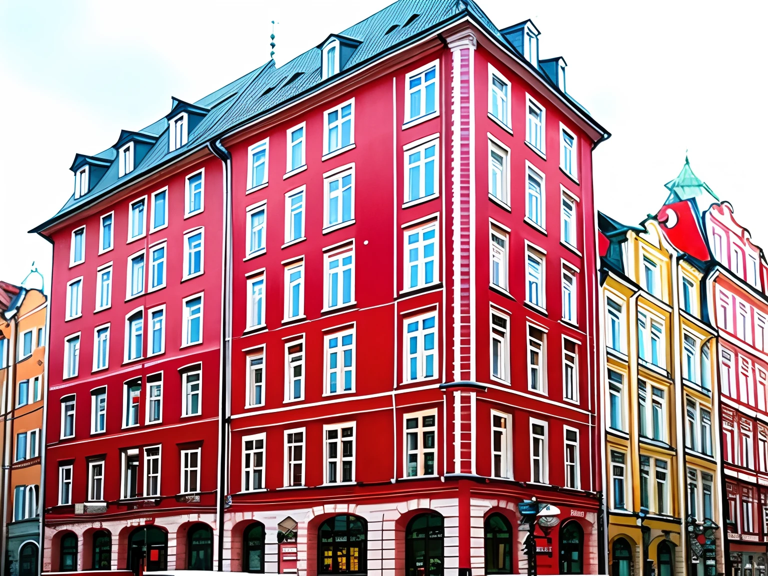 Red and White Buildings, In Legnica!!!, In Legnica, in a city square, Trip to Legnica, from memory!!!! Legnica, In Russia, the neat and dense buildings, standing in a city center, epic buildings in the center, In Legnica Town Hall, Central Moscow, square, Architecture of Russia、Watercolor style