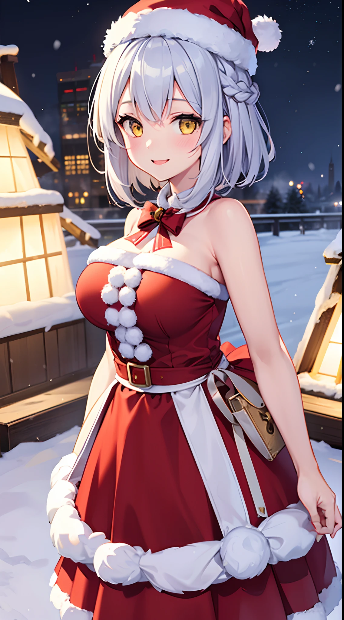 1 girl, game CG, mini Santa Claus clothes, short skirt, cleavage visible, Christmas hair ornament, gigantic breasts, silver hair, short hair, french braid, yellow eyes, Christmas background, smile, dynamic,