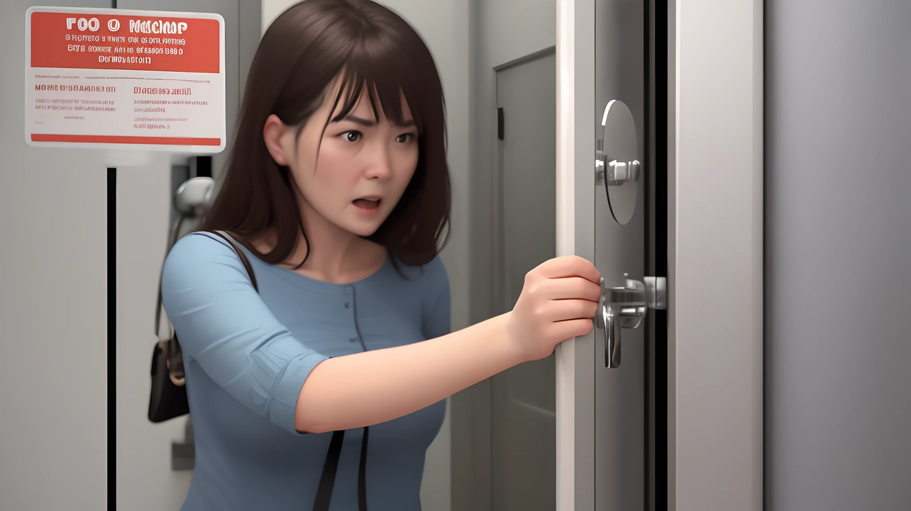 A woman forbids someone to go to the toilet and locks the toilet