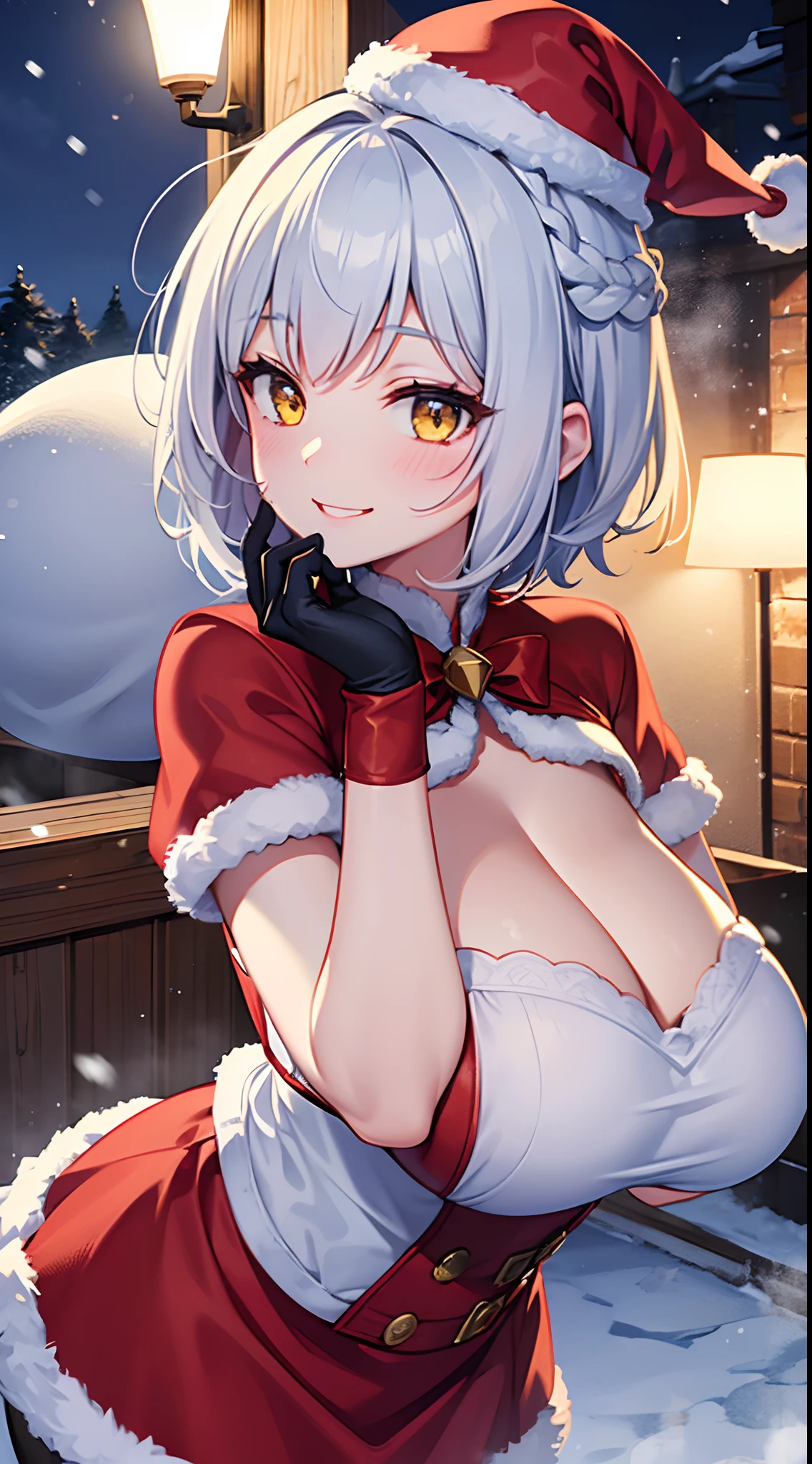 1 girl, game CG, mini Santa Claus costume, Santa Claus hat, gigantic breasts, silver hair, short hair, french braid, yellow eyes, smiling, snow, steam, night,dynamic,