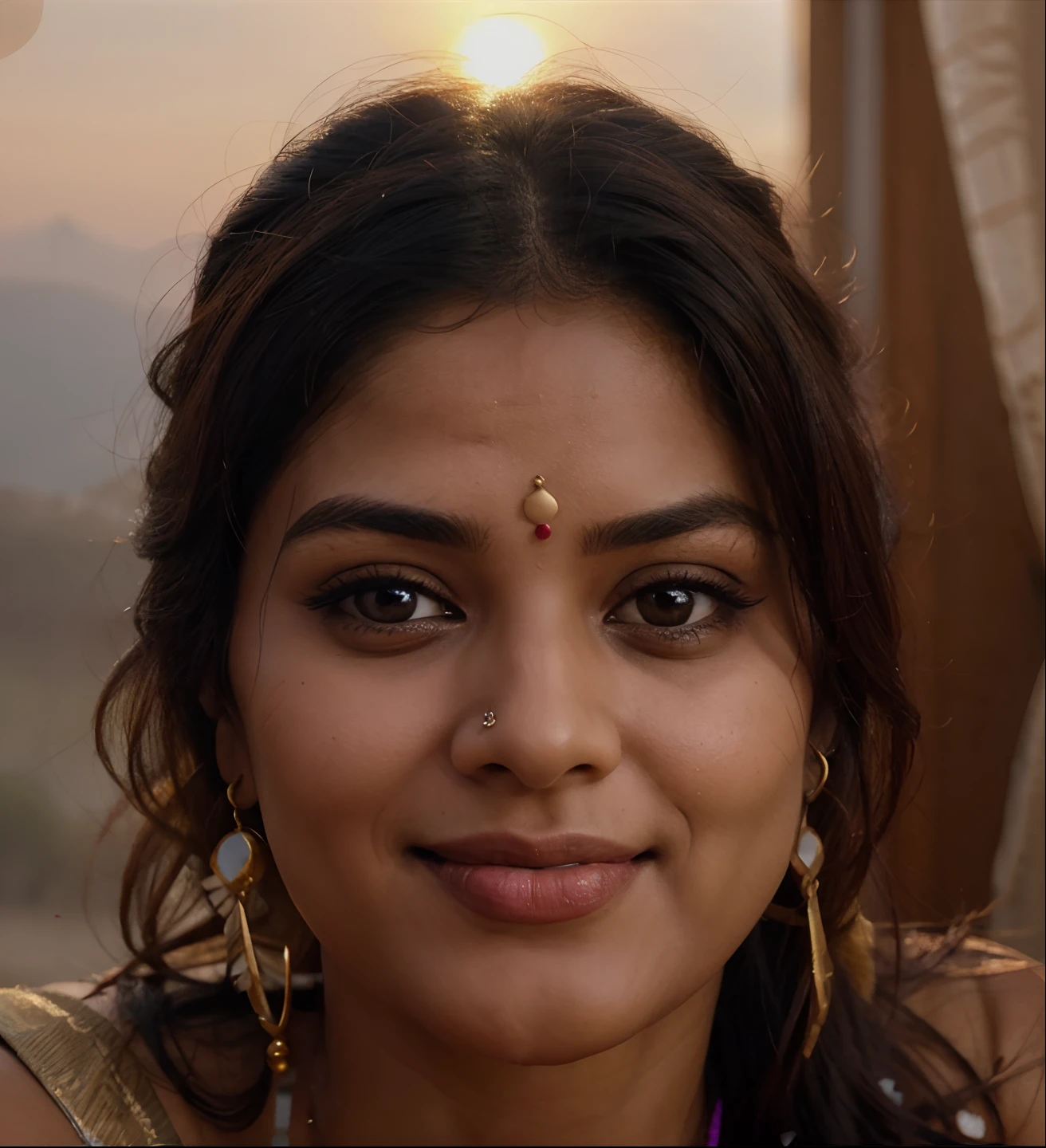 a close up of a woman in a sari sitting on a couch, trending on instagram, tachisme, with a smile, indian goddess, provocative indian, indian, simple smile, profile image, cute smile, standing pose, sensuous, lovely woman, seductive lady, sexy girl, mountain view, sunset, curvy, age 25, realistic,