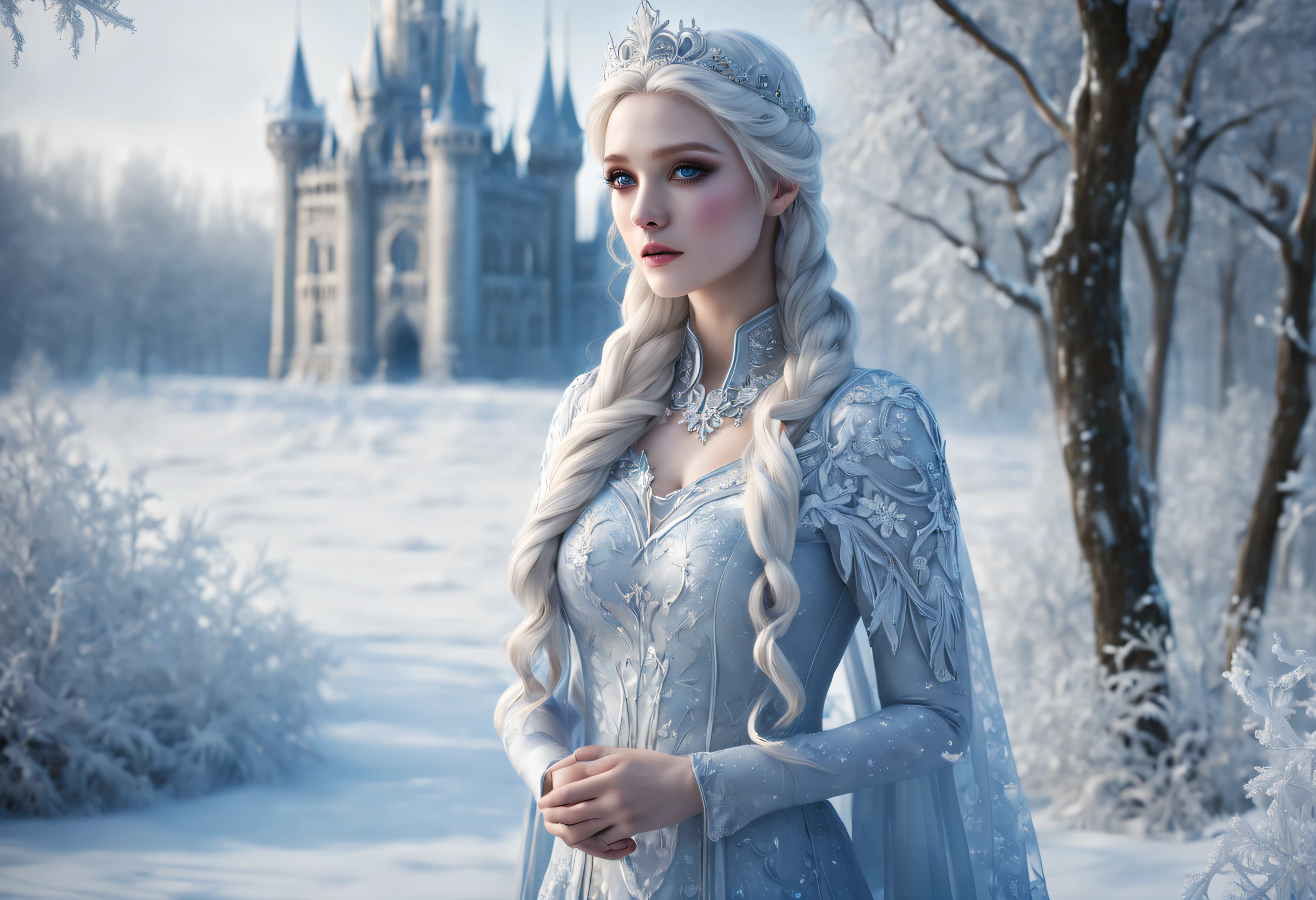 (frost,ice queen),(best quality,4k,8k,highres,masterpiece:1.2),ultra-detailed,(realistic,photorealistic,photo-realistic:1.37),(cold,icy,cooling,freezing,frigid:0.9),(mysterious,ethereal),(elegant,graceful),(winter,wonderland),(castle,crystal palace),(glittering,sparkling,shimmering:1.1),(snowflakes),(long flowing hair),(pale skin),(blue eyes),(frost crown),(icy breath),(snow-covered landscape),(snowstorm),(frozen trees),(frozen flowers),(magical),(mesmerizing),(silvery)(portrait),(subtle,soft lighting),(faint,delicate,subdued colors)