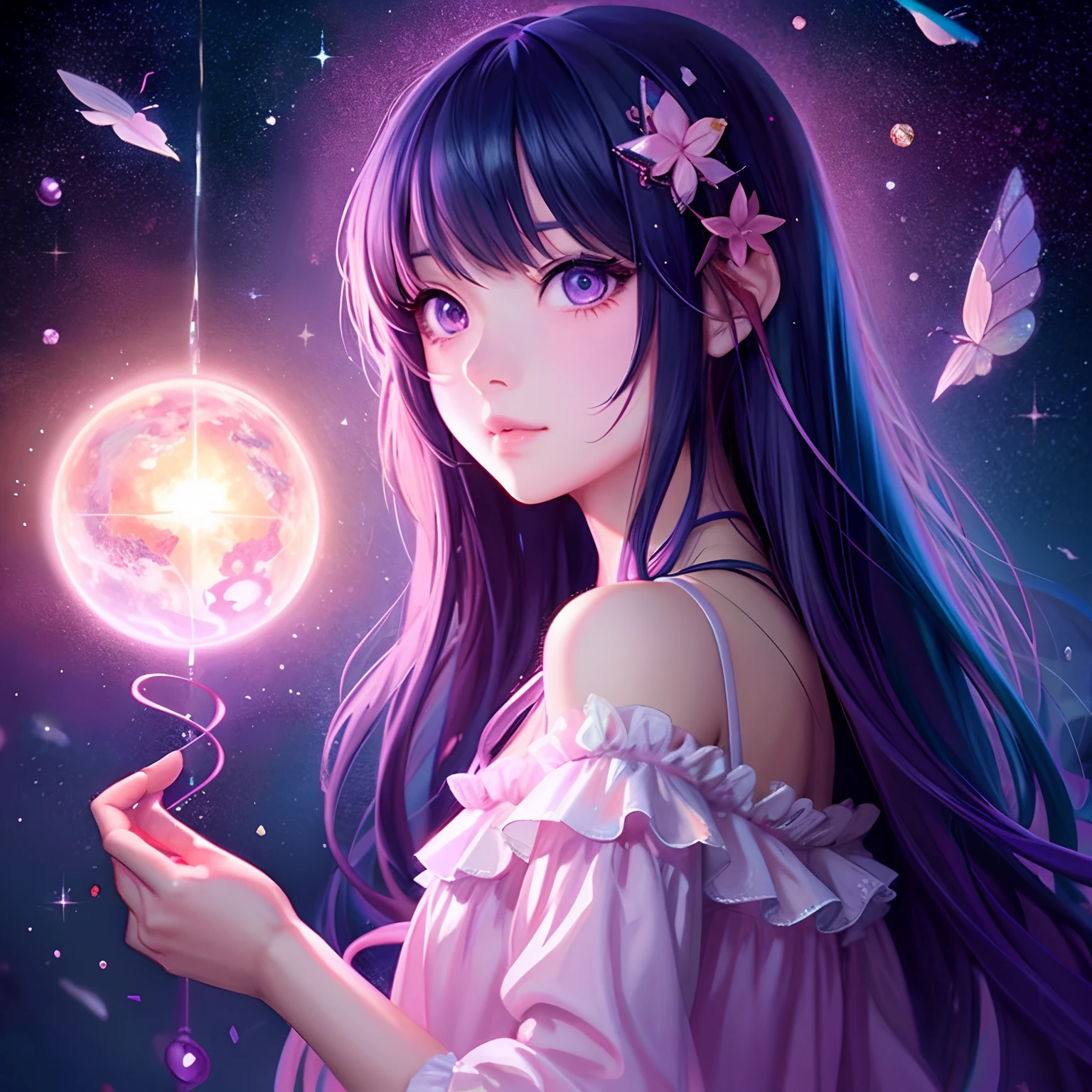 doress、magical little girl、stele、Pedras preciosas、Anime girl with glowing ball holding a butterfly in her hand, anime girl with cosmic hair, anime art wallpaper 4k, anime art wallpaper 4k, Beautiful Anime Portrait, anime fantasy illustration, Anime art wallpaper 8k, beautiful fantasy anime, anime style 4 k, beautiful anime style, Beautiful anime girl, beautiful anime art style, digital art in anime style, anime digital art