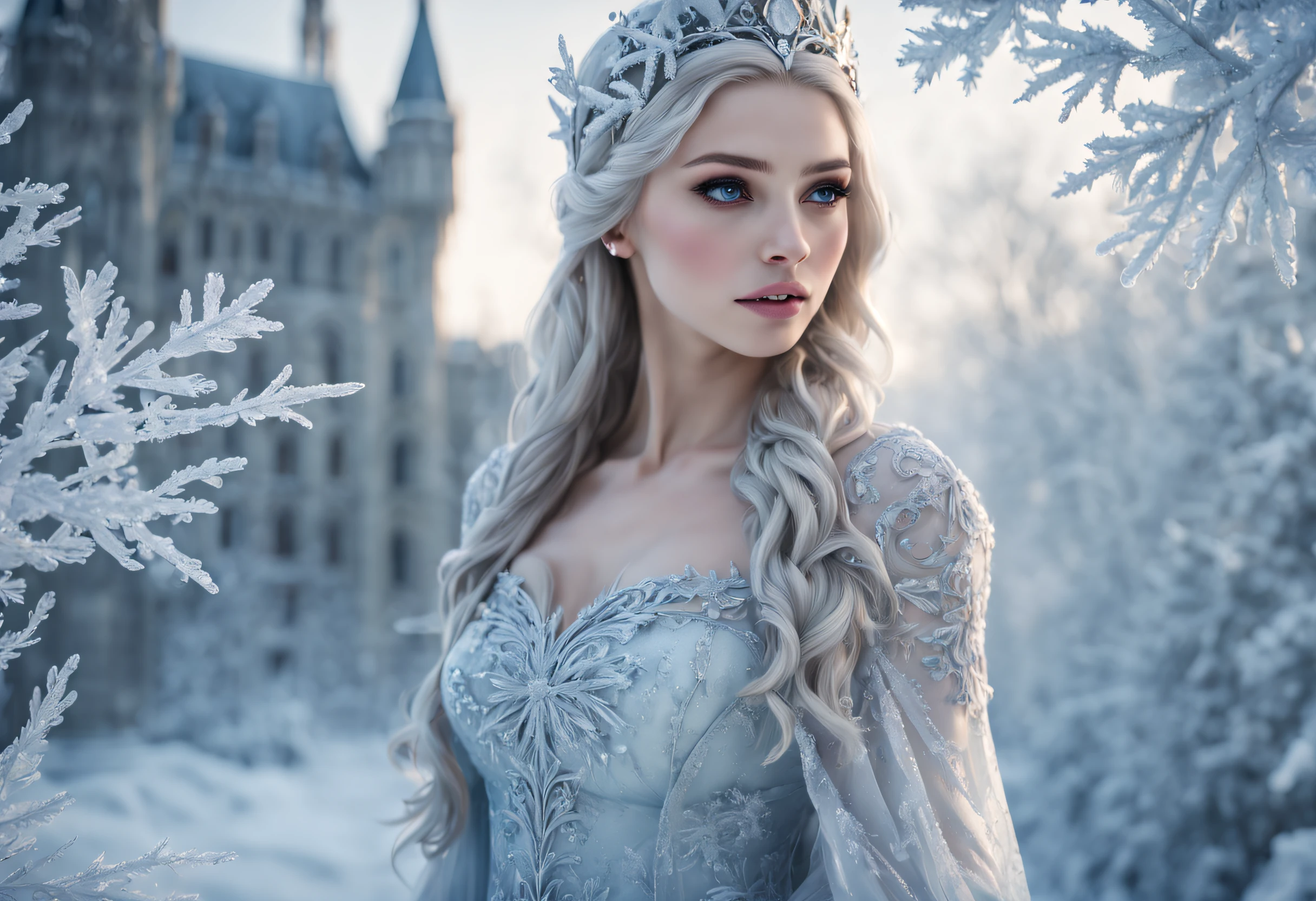 (frost,ice queen),(best quality,4k,8k,highres,masterpiece:1.2),ultra-detailed,(realistic,photorealistic,photo-realistic:1.37),(cold,icy,cooling,freezing,frigid:0.9),(mysterious,ethereal),(elegant,graceful),(winter,wonderland),(castle,crystal palace),(glittering,sparkling,shimmering:1.1),(snowflakes),(long flowing hair),(pale skin),(blue eyes),(frost crown),(icy breath),(snow-covered landscape),(snowstorm),(frozen trees),(frozen flowers),(magical),(mesmerizing),(silvery)(portrait),(subtle,soft lighting),(faint,delicate,subdued colors)