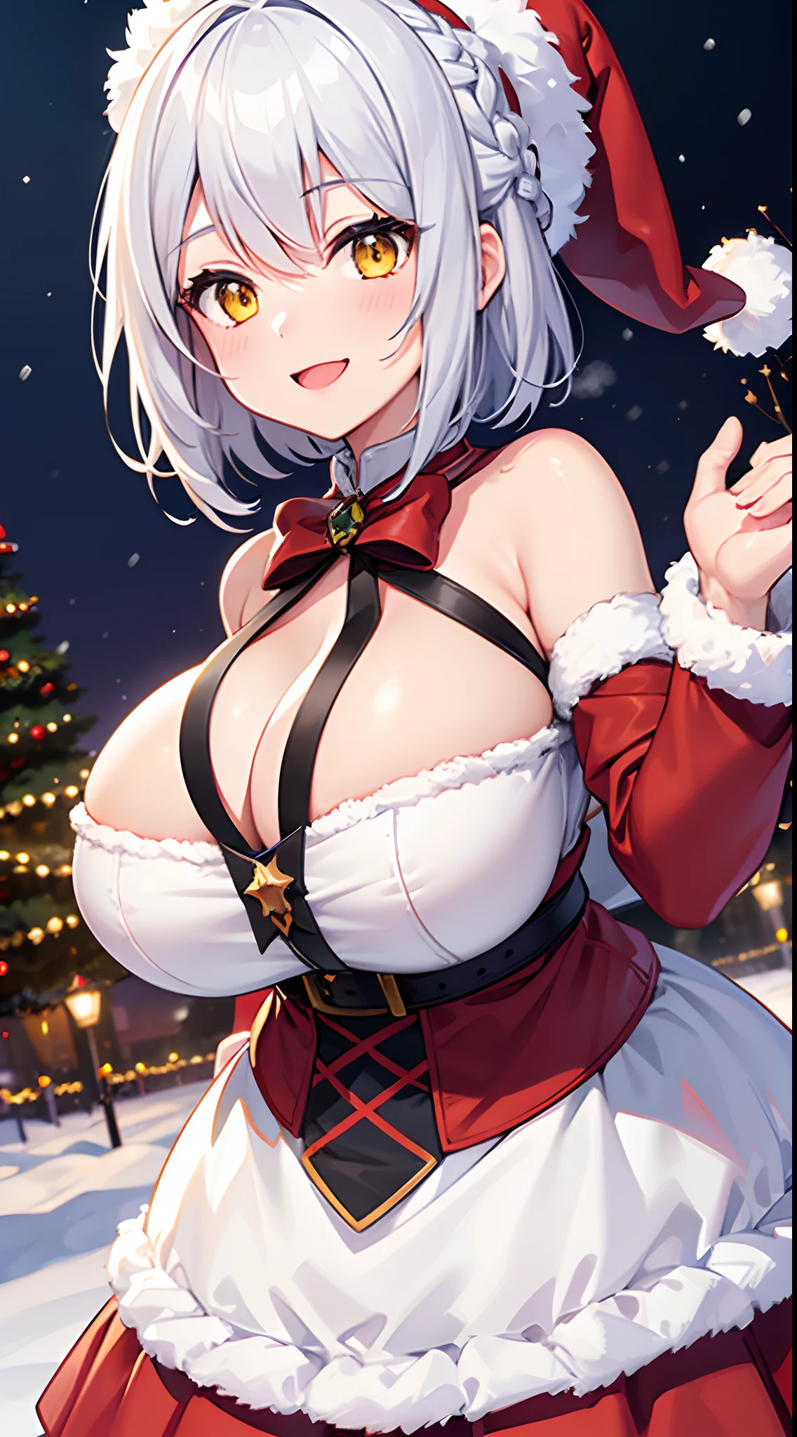 1 girl, game CG, mini Santa Claus costume, Santa Claus hat, gigantic breasts, silver hair, short hair, french braid, yellow eyes, smiling, snow, steam, night,dynamic,