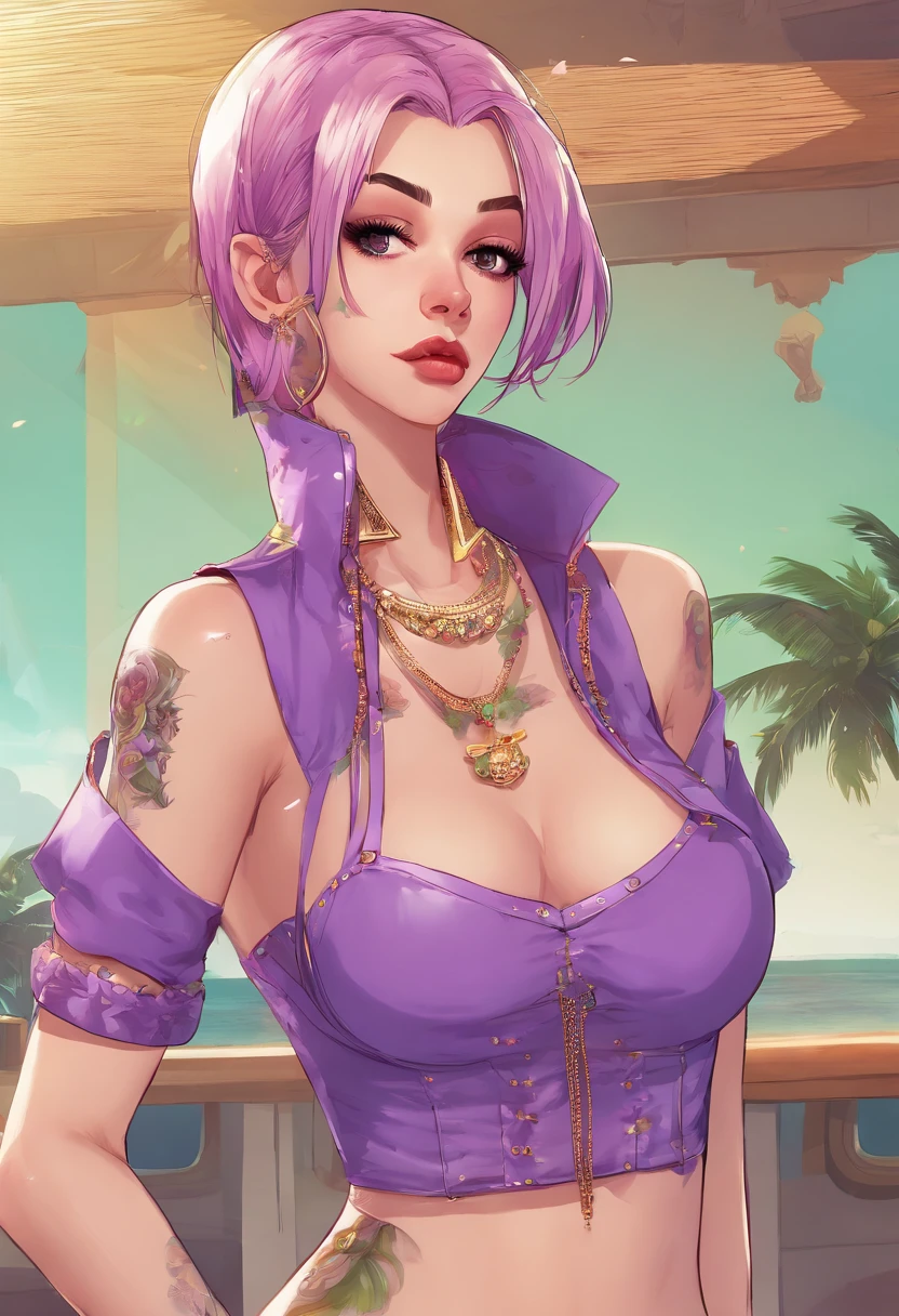 ultra-quality, High resolution,(Masterpiece 1.3),Best Quality++, Ultra-detailed+, Dynamic Angle,Beautiful girl lips, slim, 28 years old,slender, Colossal tits, gal make,large earring,Necklaces,the ring, Beautiful shoulders, Beautiful legs, droolng,Various hair colors,((Various hair styles)),((Silvery hair)), Short hair, Straight hair,((Purple Gothic Costume 1.4))、mare、hawaii、resort hotel、Lots of women