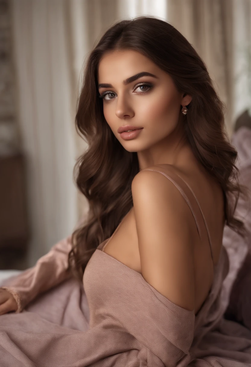 arafed woman fully , sexy girl with brown eyes, french, ultra realistic, meticulously detailed, portrait sophie mudd, brown hair and large eyes, selfie of a young woman, dubai eyes, violet myers, without makeup, natural makeup, looking directly at the camera, face with artgram, subtle makeup, stunning full body shot kneeling on bed, in bedroom, medium to large size bust