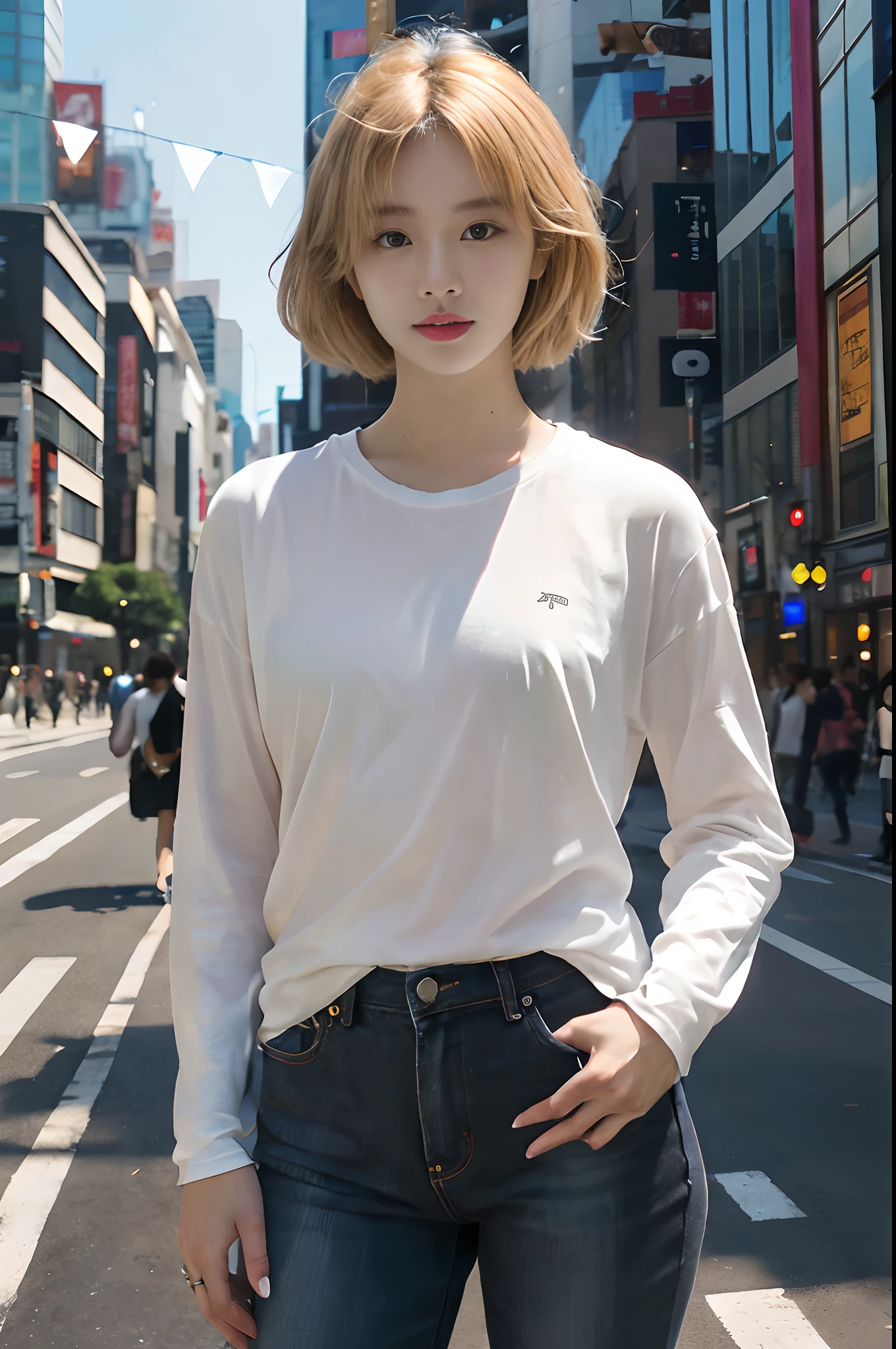 (tmasterpiece、top-quality、top-quality、primitive、ultra-realistic realism)、view over city、Shibuya cityscape、A handsome、pinging、(((Restrained blonde korean woman)))、slenderness、((((Please wear a plain black long-sleeved T-shirt all over your body))))、((with whole body visible))、(Stand upright in front)、Wearing jeans、The is very detailed、Extremely colorful、highestdetailed