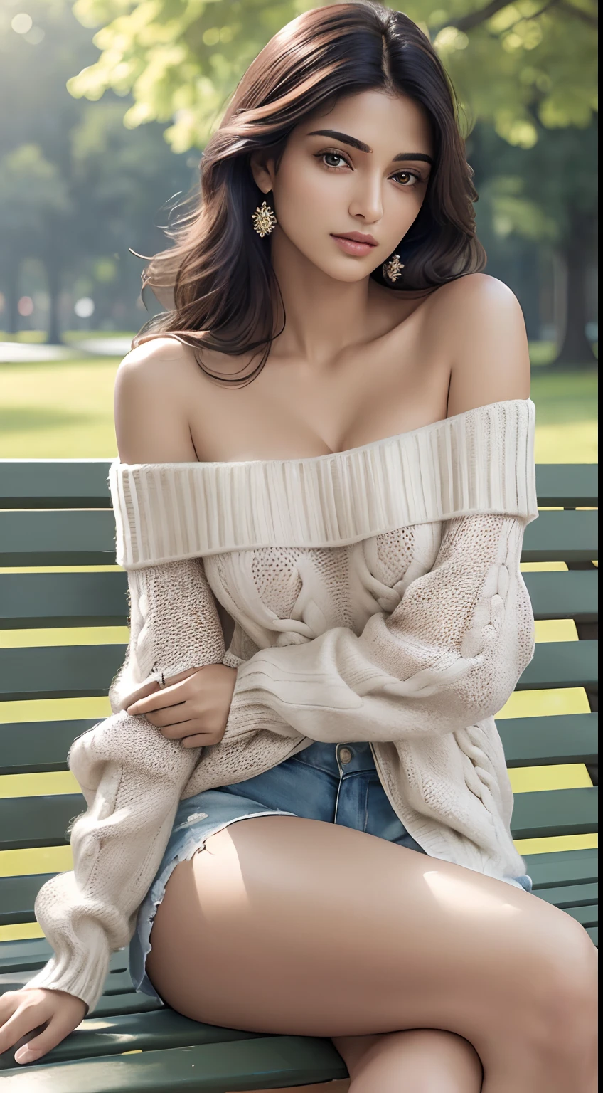 (Masterpiece, best quality, photorealistic, highres, professional photography, :1.4), close-up shot, sharp focus, (1 girl, indian supermodel, ), realistic hands and fingers, realistic skin, perfect body shape, huge breasts nipple tips can be seen, cleavage, (stylish hairstyle, extremely detailed hair), delicate sexy face, playful gaze, glossy lips, ((shorts, off-shoulder sweater)), sitting crossed legs on bench, in park, fashion photograph, film, bokeh, ((soft illumination, highly detailed, realistic, super realistic, realism, realistic detail))