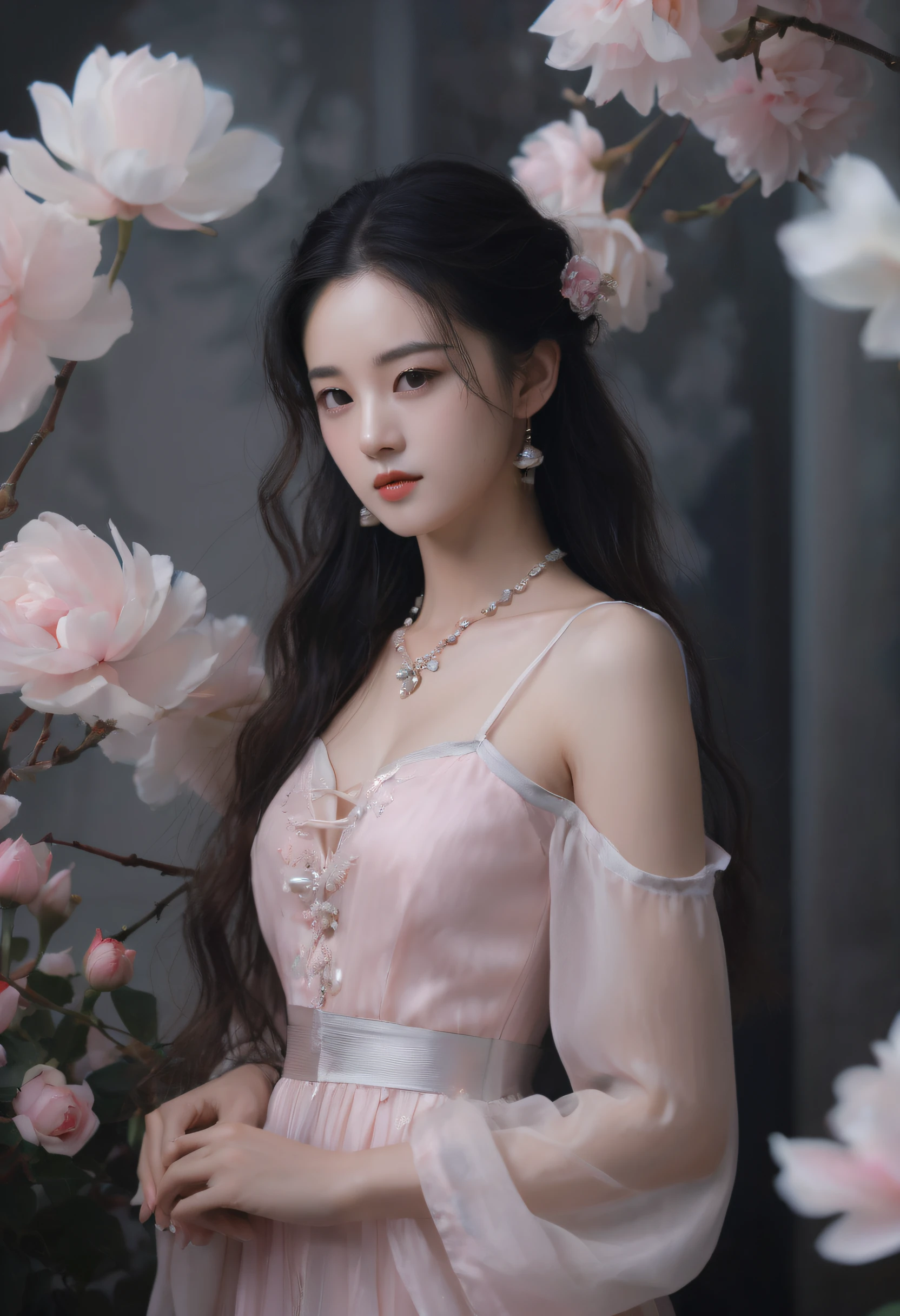 Fashion Photography Portrait Girl, cropped shoulders, Long fluffy curly hair,Pink dress，Pose in front of the flowers,  Soft light edge lights, beautiful shadow, low tune, Realistic, Natural skin texture, Realistic Eyes and Face Details, surrealism, necklace，photorealistic eye, translucent resin waves, utopian vision, qing dynasty, dark white and light gray, eye-catching tags
