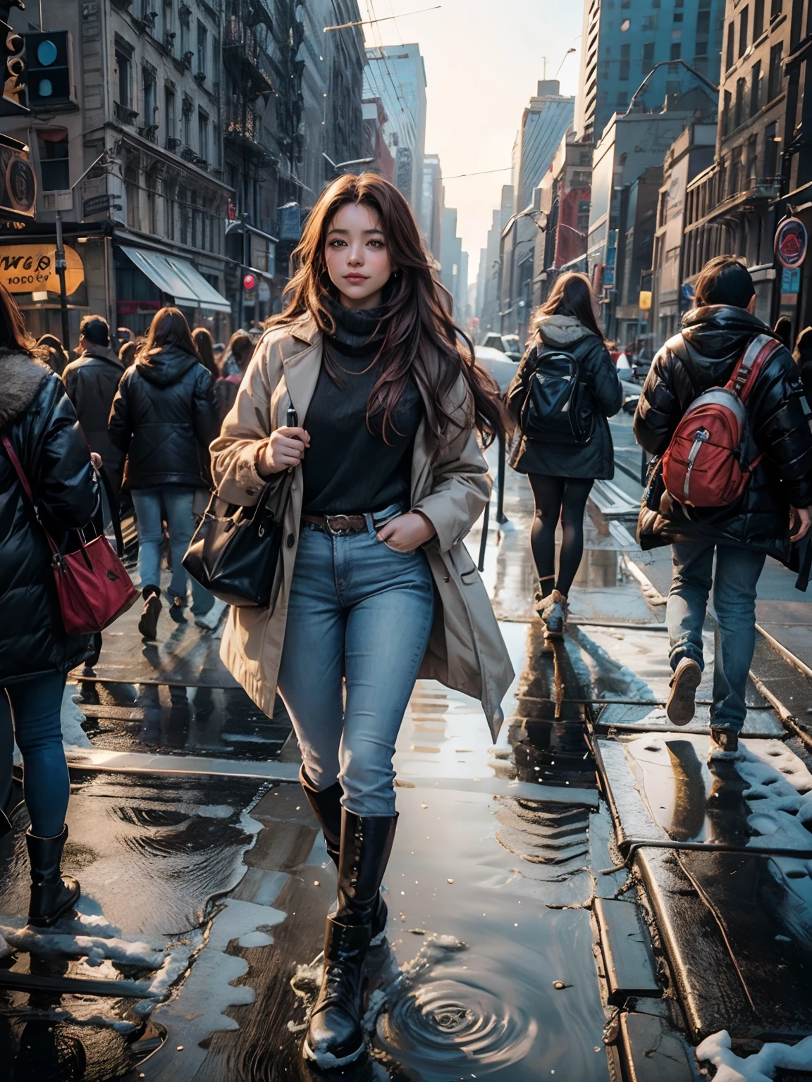 __hair color__, Latina, Long hair, Prehistory of New York City, winter, Professional, 4k, HD, UHD, 8K, high detail, ultra resolution --auto