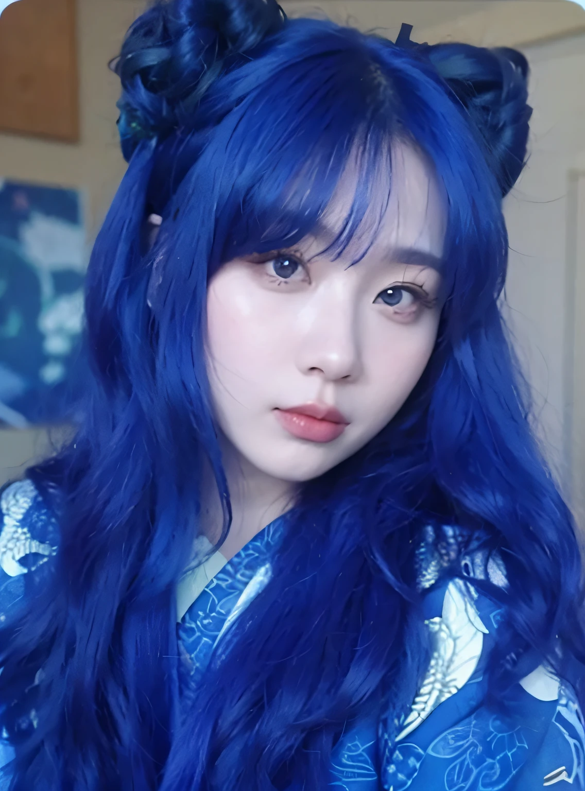 Close-up of a blue-haired woman in a blue kimono, with blue hair, dark blue long hair, sakimichan, de um azul intenso, neko, shikamimi, ✨🕌🌙, with blue skin, Cobalt blue hair, Blue long hair, Dark blue hair, blue hairs, author：Master of Han Chinese, Blue hair, Messy blue hair