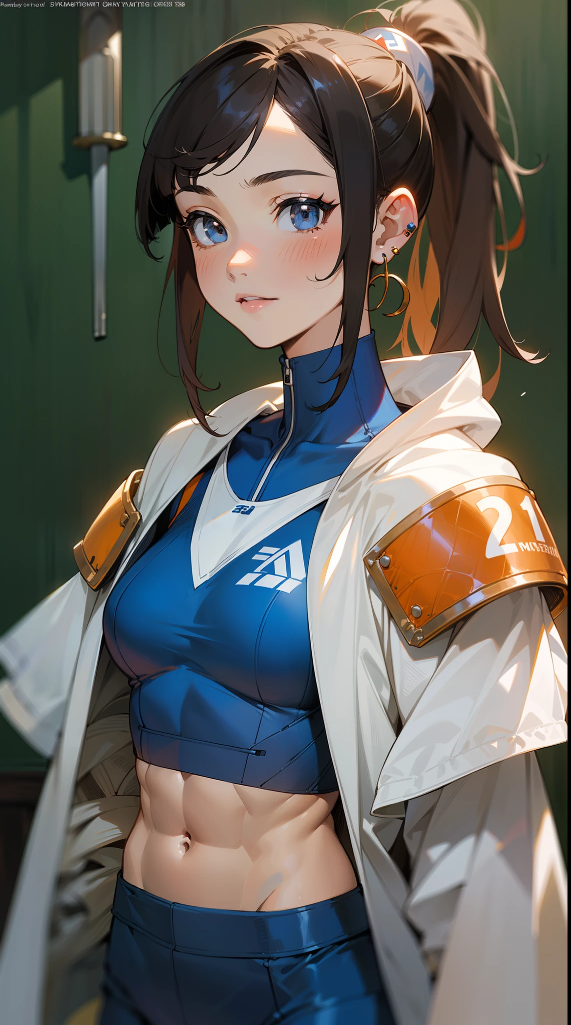 a beautiful girl, (athletes:1.3), (abs: 1.3), (earrings:1.3), (asymmetrical bangs:1.3), ponytail hair, highly detailed face, White Cloak, royal blue tunic over plate armor, young female battlemage, masterpiece, Aesthetic, anime style drawing by Ayami kojima, HDR, digital art by Yusuke Murata