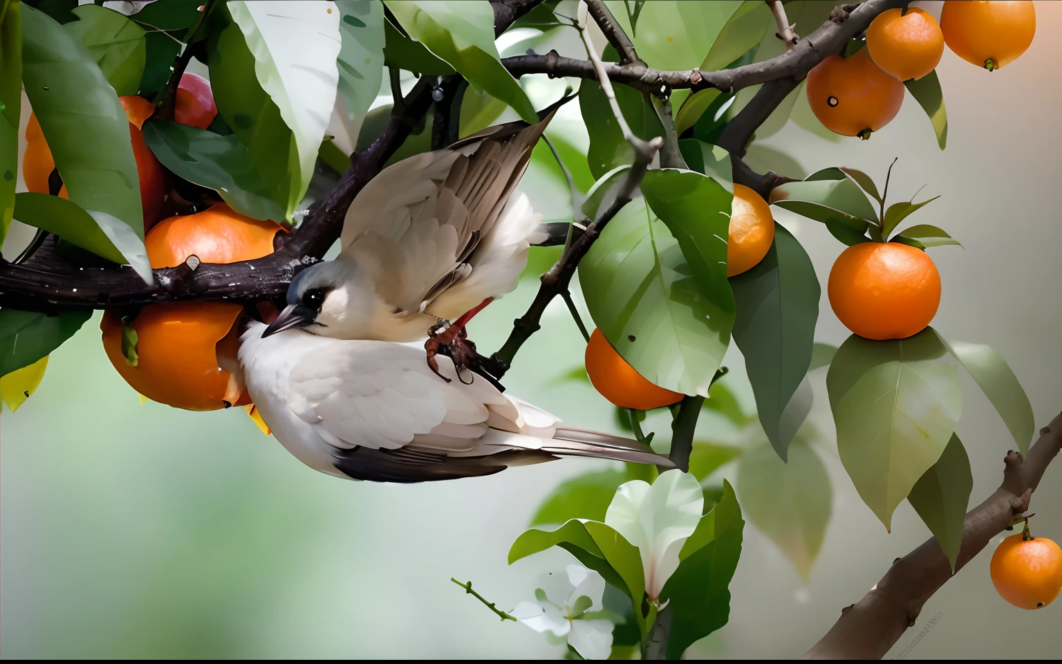 Two birds sat on the branches, Birds on cherry blossom trees, Excellent composition, harmony of nature, having a snack, Photo taken with Nikon D750, Photo taken with Nikon D 7 5 0, close up photograph, nature photo, !!Natural beauty!!, author:Liang Kai, close up photograph, great composition, alexey egorov