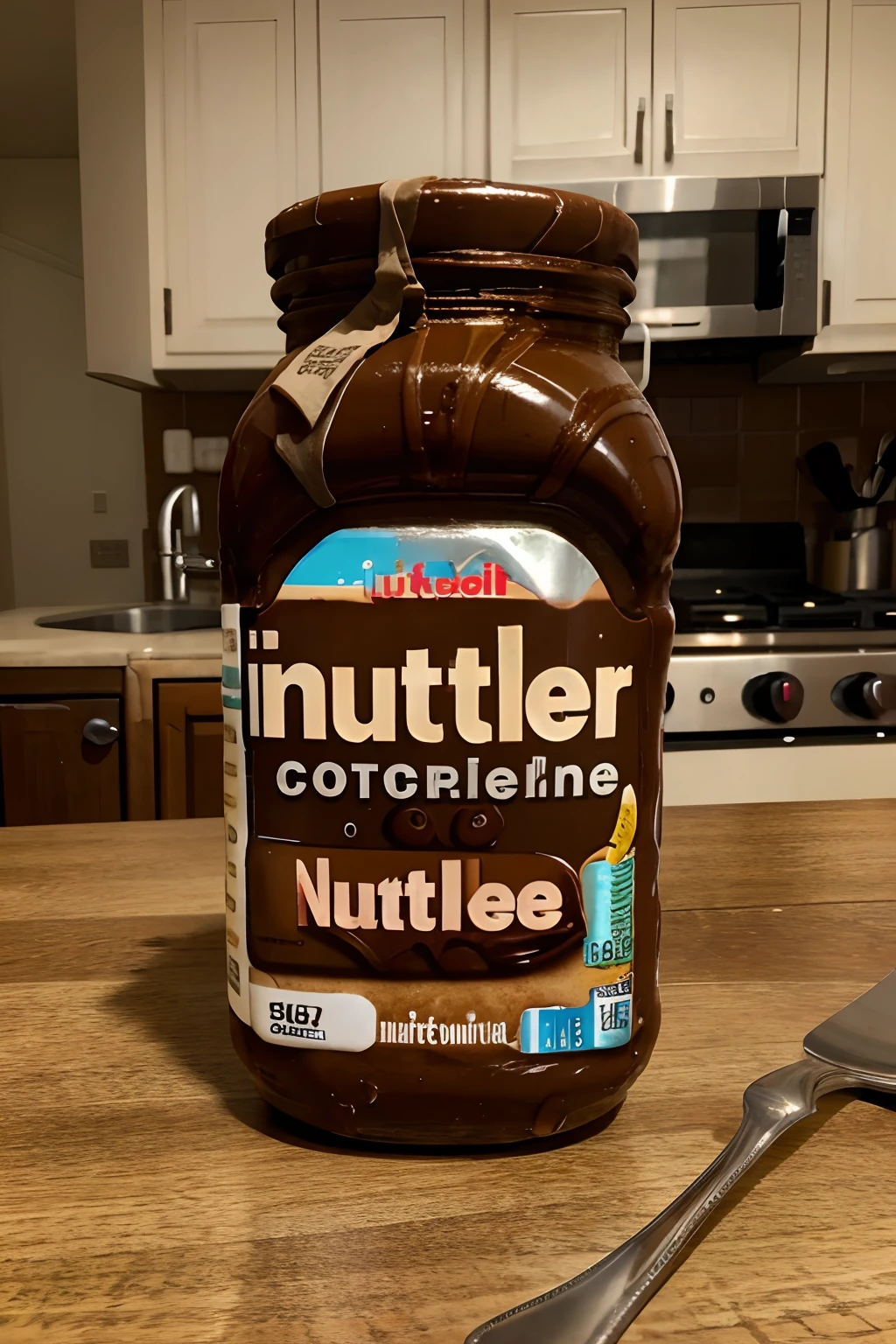 Best quality, Realstic,photo d'une cuisine moderne tartiner de Nutella partout, detailded,pot de Nutella sur la table de cuisine