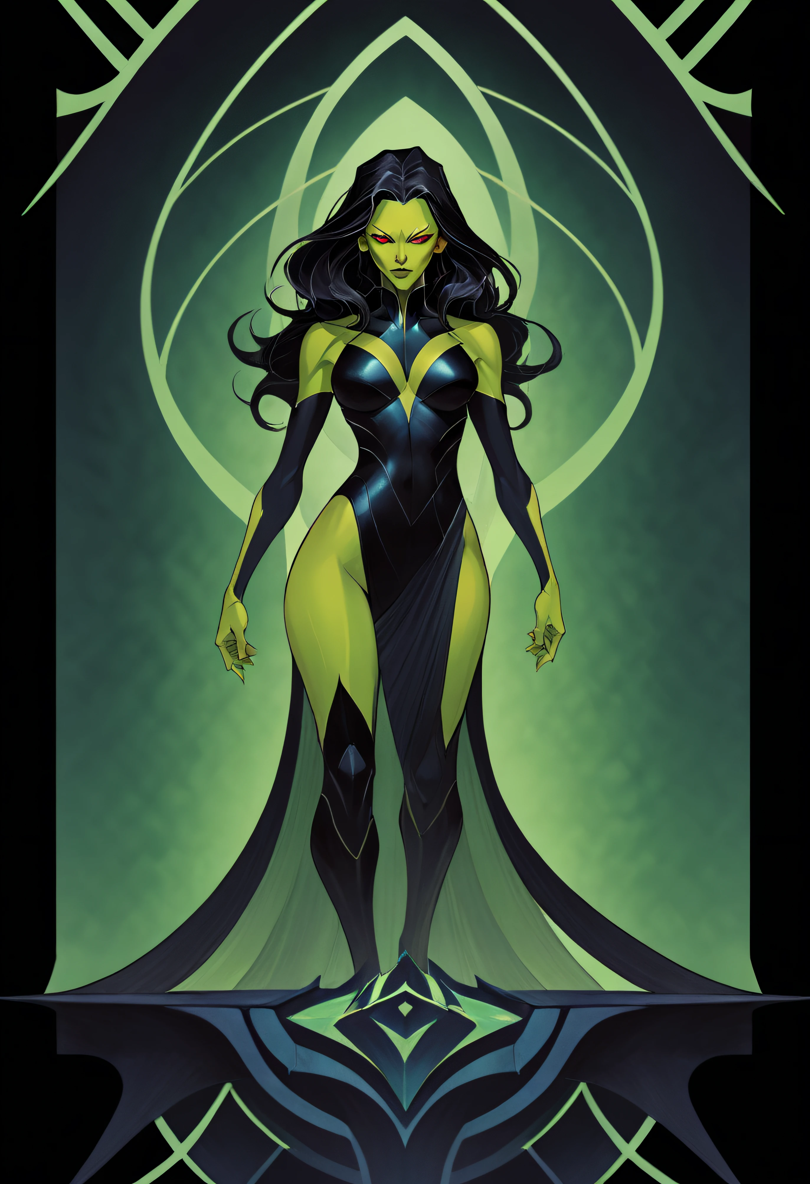 1 Gamora, From the American comic book superhero, Full body standing painting, (((独奏))), Clear facial features, Simple line design, ((tarot card background, symmetric beauty)), perfectly symmetrical, The art of symmetry, Standing drawings of characters, ((flatcolors)), tmasterpiece，top Quority，best qualtiy，超高分辨率, ((Clear facial features，beautidful eyes，beauitful face, Exquisite facial features))