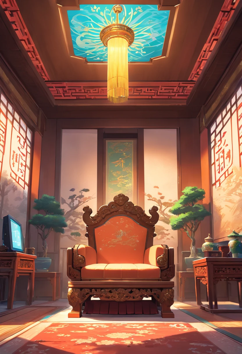 ((Wide-angle view of the entire room)),((Emperor's Chair)) ((Throne with canopy))jpn, ((Ming dynasty)), Beautiful furniture made by the best craftsmen, cabinet, chandeliers, Silk Carpet, Silk curtains with royal motifs, 2 or 3 bonsai, Royal Room, Chandelier with candles, Light and shadows coming in through the window, nightfall, Cinematography Lighting, Incredibly complex details, surrealistic, 8K, It was a style