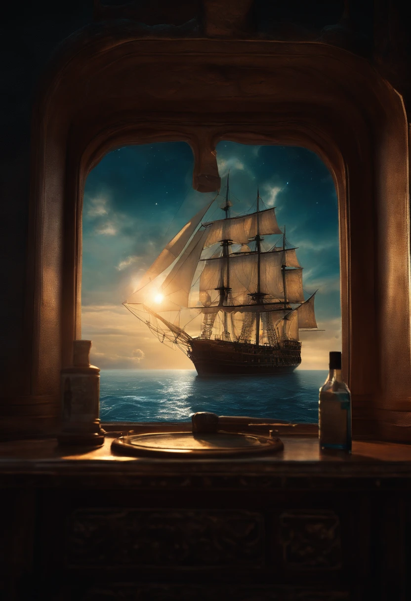 A bottle of serum,It is flanked on either side by a translucent ocean of blue nebulae + Majestic pirate ship, Ethereal, Cinematic, The light from the back window is backlighted, Creepy art station trends, Ultra detailed, Matte painting, Photo, Arnold renderer --test --creative --upbeta