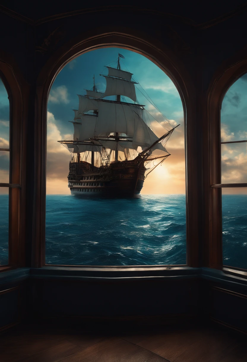 A bottle of serum，It is flanked on either side by a translucent ocean of blue nebulae + Majestic pirate ship, Ethereal, Cinematic, The light from the back window is backlighted, Creepy art station trends, Ultra detailed, Matte painting, Photo, Arnold renderer --test --creative --upbeta