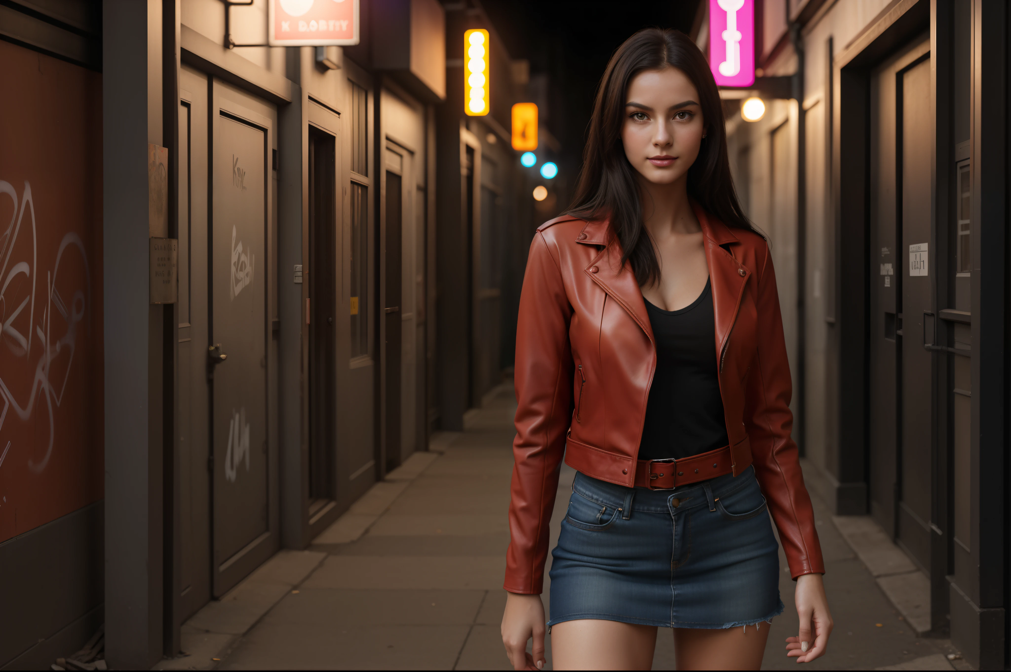 ((full-body, cinematic-shot)),(best quality,4k,8k,highres,masterpiece:1.2),ultra-detailed,(realistic,photorealistic,photo-realistic:1.37),(((1girl))),(((solo))),(18years old),[the face is combination of (((irene1:1.2))) and (((Excella_er5:1.2)))],(sharp focus:1.5),beautiful detailed brown eyes,pearl skin,(skin pores:1.1),extremely detailed face and skin texture,(skin texture:1.1),black hair,tall and slender body,(192cm tall),thin and delicate figure,graceful posture,strong and defined muscles,flawless skin,defined abs,perfect curves,feminine appearance,beautiful long legs,embodying elegance and beauty,happy expression,full-smile,cleavage breasts,((wearing a red color leather jacket:1.3)),(no panty),(ultra-short mini-skirt),vibrant colors,extremely detailed and realistic (red) clothes,(colorful),(film grain:1.3),one naughty girl in the alley,dark and mysterious location,graffiti-covered walls,abandoned objects and garbage,moonlit night scene,best quality,ultra-detailed,realistic,urban art style,vivid colors,night shadows,street lamp,gritty atmosphere,rebellious teenage girl,sneaky and mischievous expression,torn jeans skirt,unique graffiti on the walls,blurry neon lights in the distance,city sounds in the background,edgy and youthful energy,mysterious aura,faint cigarette smoke in the air,hint of rain on the ground,adventure and excitement in her eyes,exaggerated shadows,dark palette with pops of vibrant colors,eerie ambiance,hint of danger,vibrant color,professional photography.