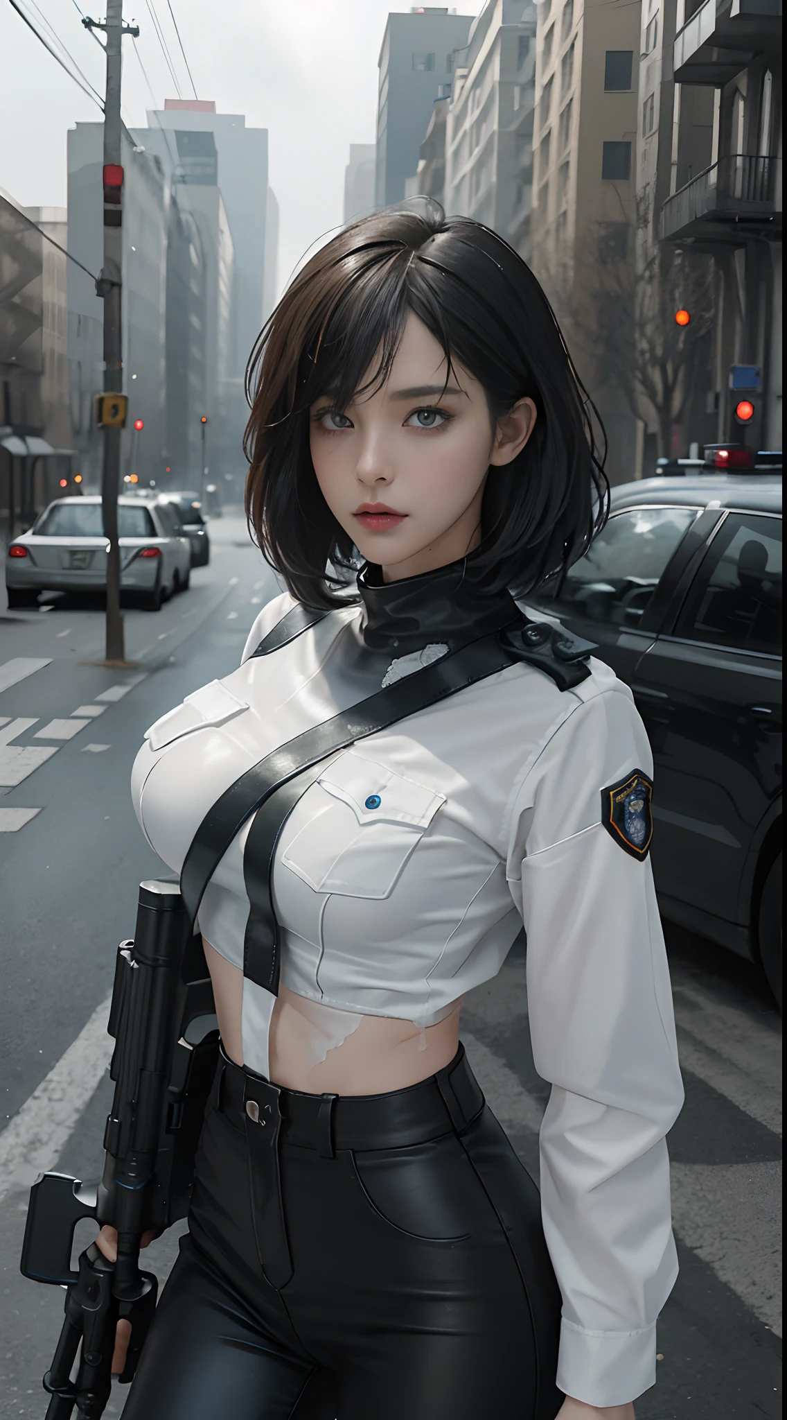 ((Best Quality, 8K, Masterpiece: 1.3)), Sharp: 1.2, Perfect Body Beauty: 1.4, Slim Abs: 1.2, ((Layered Hairstyle, Big Breasts: 1.2)), (Wet White Button Long Shirt: 1.1), (Bulletproof Police Car, Street: 1.2), Wet: 1.5, Highly Detailed Face and Skin Texture, Detailed Eyes, Double Eyelids, Side Face Looking at the Camera, White Police Uniform, Tall Figure, Army Badge, Bulletproof Vest, Intercom, Pistol Aimed at the Camera Female soldiers, Fully armed, black leather pants, special forces, agents