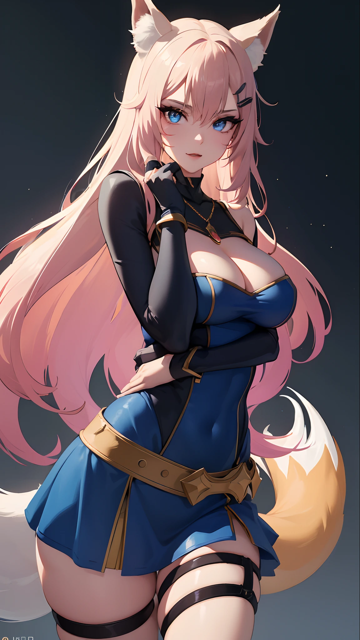 best quality,masterpiece,8k wallpaper,absurdres, highres, ultra detailed, (1 young beautiful girl, solo:1.1),realistic,k/da (league of legends), solo, animal ears,gloves, fox ears, hair ornament, long hair, blonde hair,blue eyes, whisker markings, fingerless gloves, pink hair,multicolored hair,official alternate costume, asymmetrical clothes, makeup, facial mark, hairclip, medium breasts, athletic body, slim body, skirt, blue top, thigh strap, lips, gradient hair, fox tail, single glove,fox tail, (nine-tailed fox (mythological creature):1.3),A fairytale land where magical creatures live and thrive,BREAK