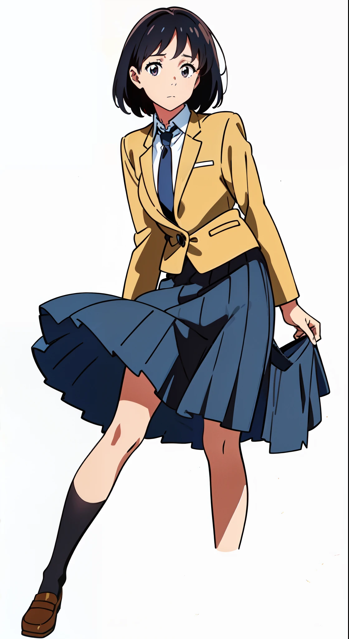 (white background:1.2), (best quality:1.0), (masterpiece:1.0), (full body:1.0), (solo:1.0), (1 cute girl:1.0), (long skirt:1.0), (dark blue skirt:1.0), (pleated skirt:1.0), (school uniform beige blazer:1.0), (dark blue necktie:1.0), (black socks:1.0), (loafers:1.0), (lanky:1.0), (tall:1.0), (slender:1.0), (small breasts:1.0), (detailed beautiful eyes:1.0), (detailed beautiful face:1.0), (glowing black eyes:1.0), (short hair:1.0), (strait hair:1.0), (black hair:1.0)