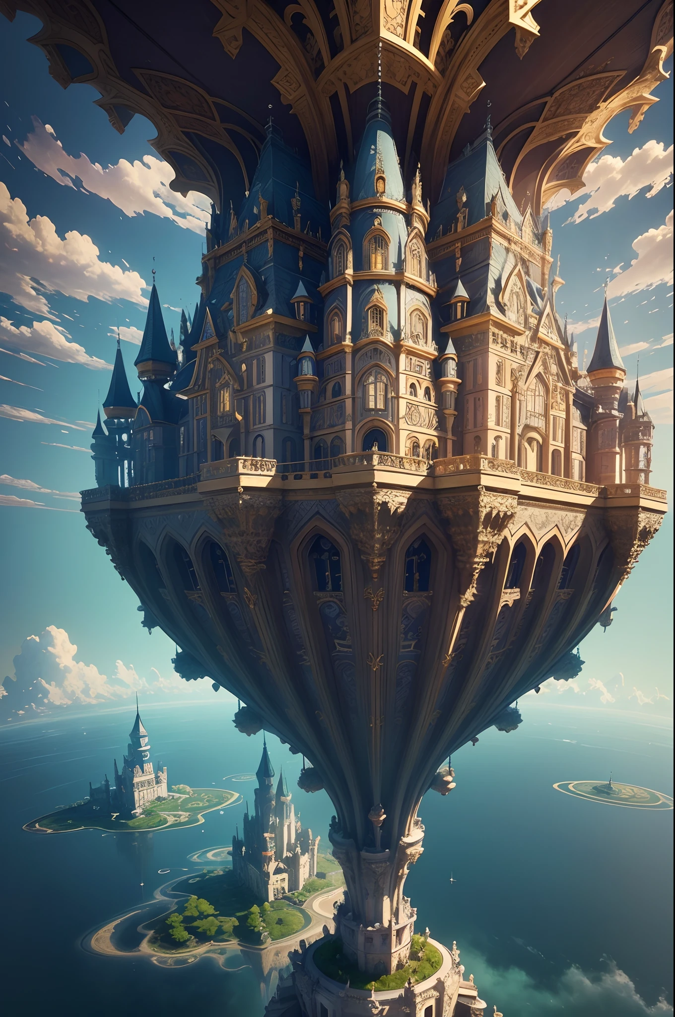 "Masterpiece, top quality, best quality, official art, beautiful and aesthetic:1.2, extreme detailed, (fractal art:1.3) Suspended high in the sky, the Floating Castle is an ethereal masterpiece that defies gravity. Its majestic turrets and walkways offer breathtaking panoramic views. Within its walls, you'll find opulent chambers and celestial gardens that transport you to a world of enchantment."
