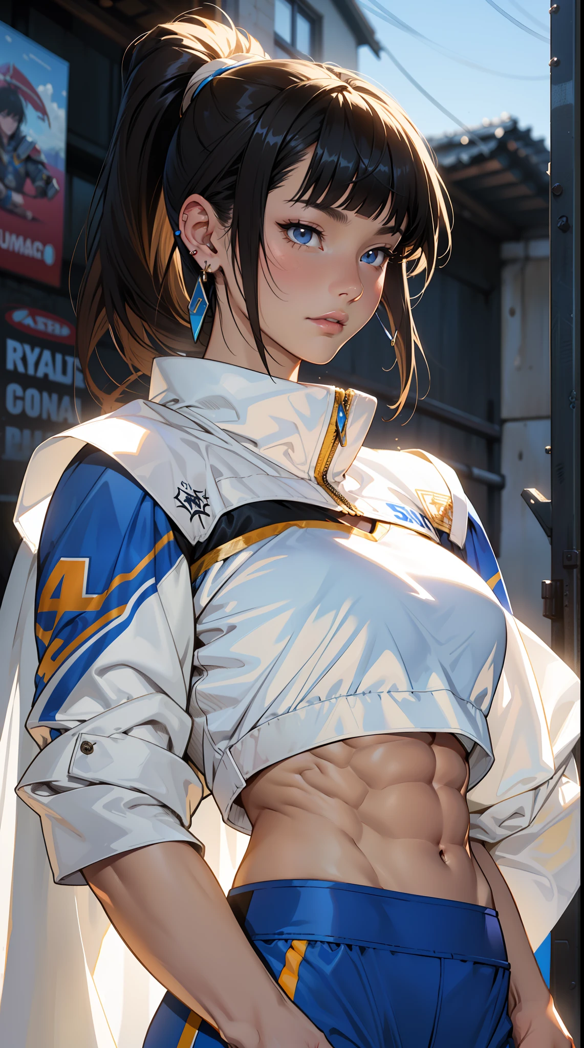 a beautiful girl, (athletes:1.3), (abs: 1.3), (earrings:1.3), (asymmetrical bangs:1.3), ponytail hair, highly detailed face, White Cloak, royal blue tunic over plate armor, young female battlemage, masterpiece, Aesthetic, anime style drawing by Ayami kojima, HDR, digital art by Yusuke Murata