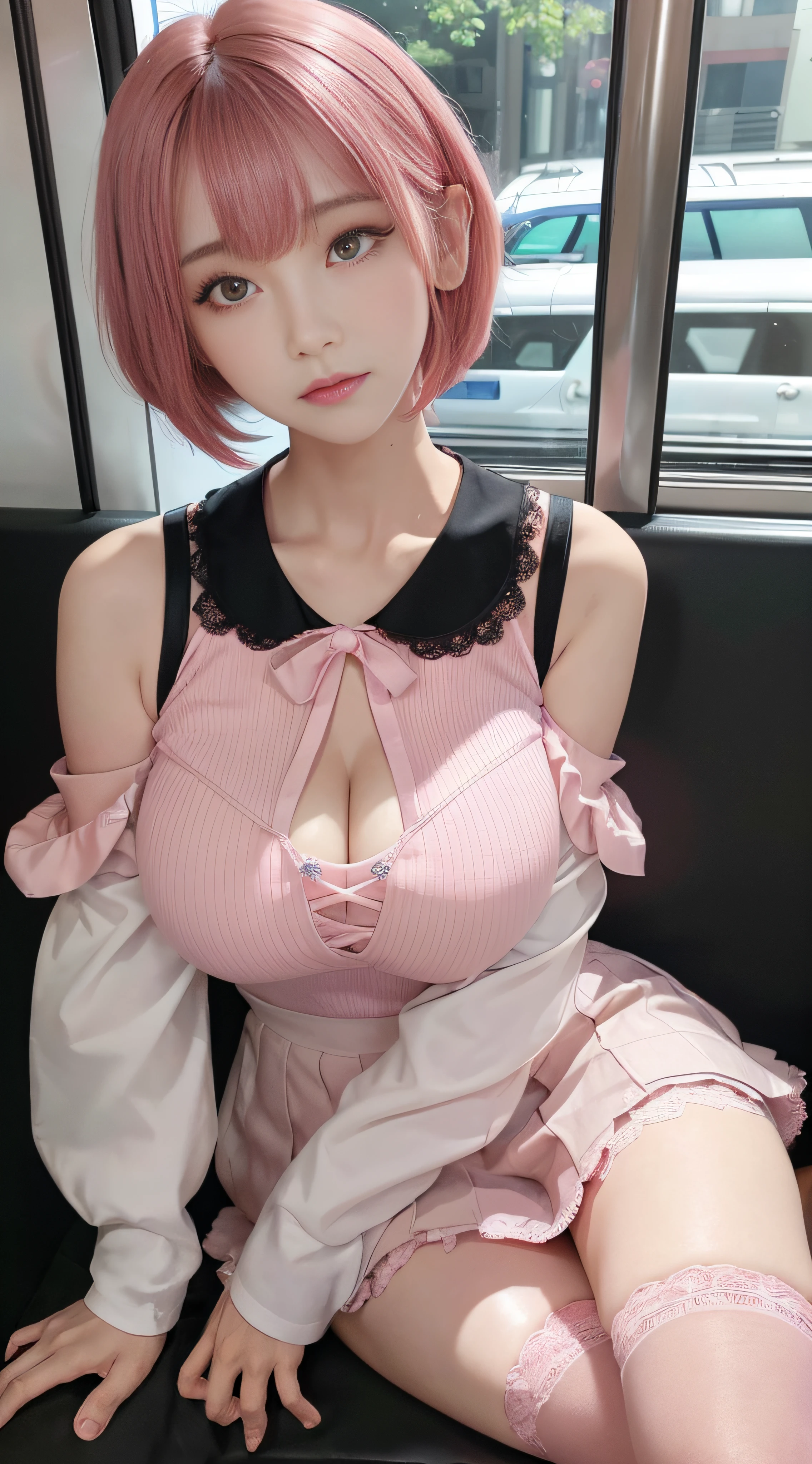 Korean,Sitting on the train,(((tmasterpiece))), ((best qualtiy)), ((intricate detailes)), ((Ultra-realistic realism)), Ridiculous resolution, A MILF, Mature Woman, ighly detailed, illustratio, 1girll,((Large breasts)), perfect hand, Detailed finger, Beautiful detailed eyes,((( Whit pink short bob hair))), with brown eye, Name badge, ((( Korean-style long-sleeved off-the-shoulder,Pink ruffled lace-up pleated skirt, Black lascivious knee socks:2.2))),detailedbackground, perfect eyes, mesmerizing eyes,Slightly open mouth, ((Colossal breasts 1 girl that seems to break:1.2))