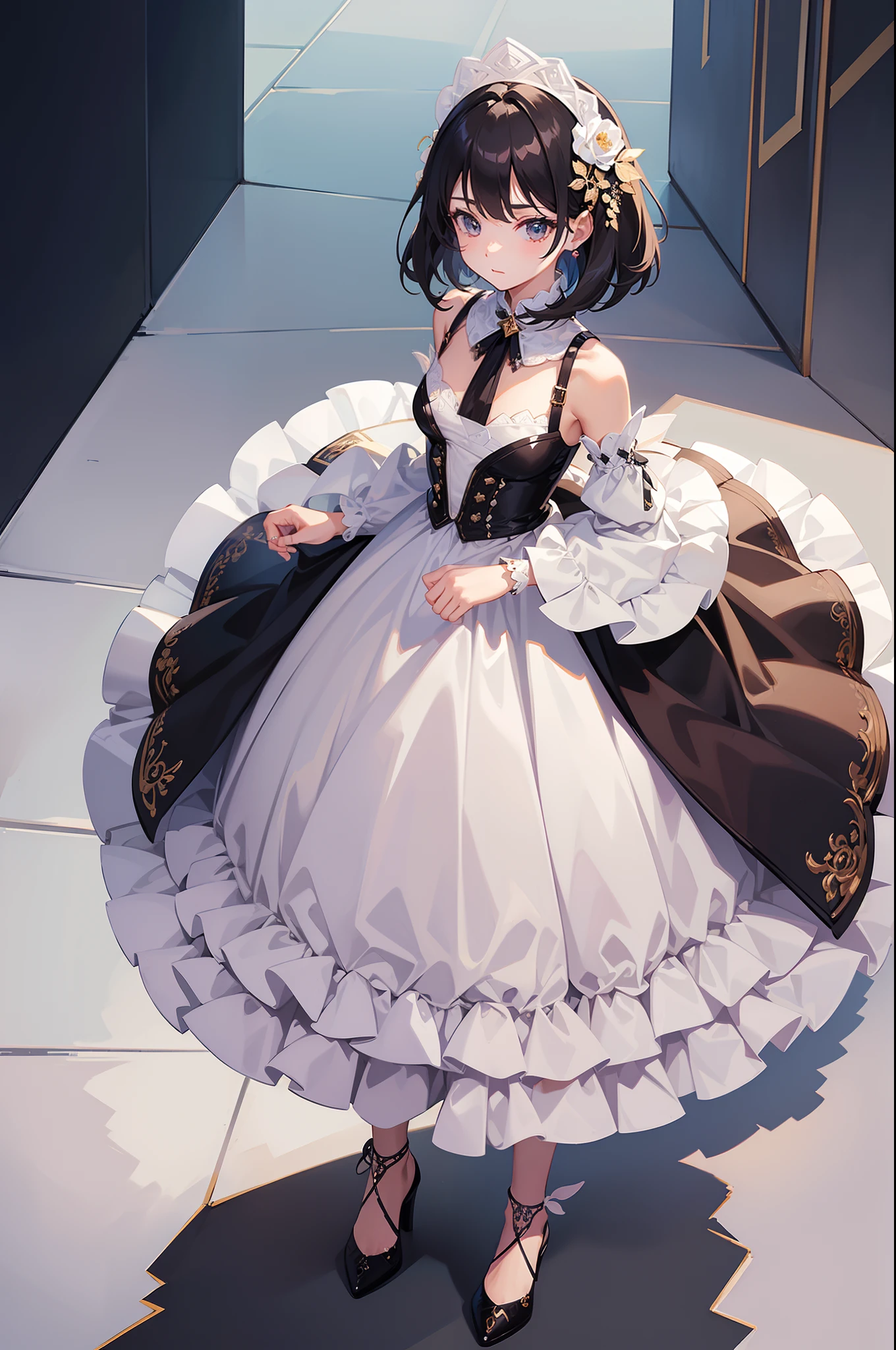 1 cute girl , walking on the runway , cowboy shot,from above, luxury ready-made clothing , (show off ) ,((masterpiece)), ((best quality)), ((ultra-detailed)), (illustration), ((an extremely delicate and beautiful))
