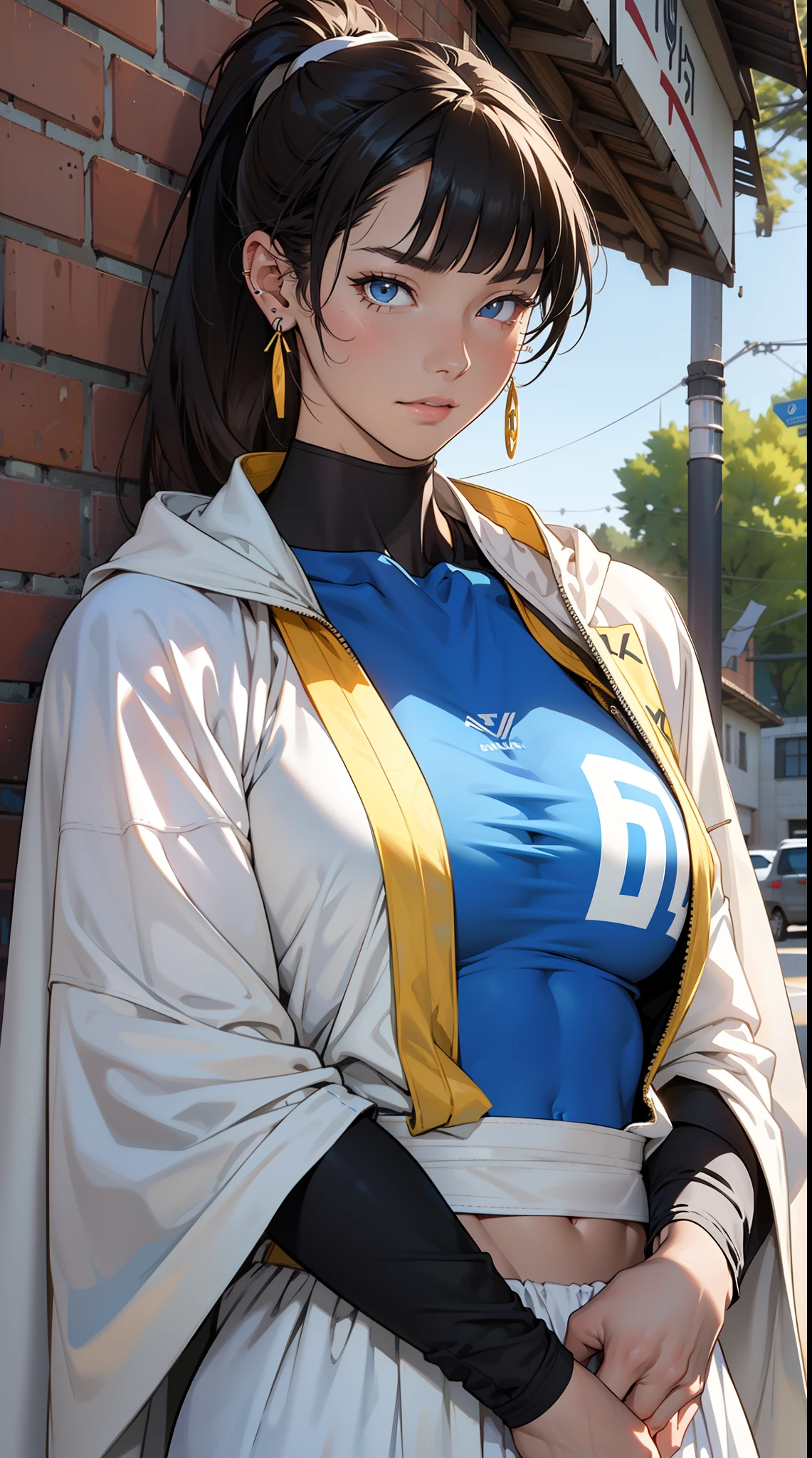 a beautiful girl, (athletes:1.3), (abs: 1.3), (earrings:1.3), (asymmetrical bangs:1.3), ponytail hair, highly detailed face, White Cloak, royal blue tunic over plate armor, young female battlemage, masterpiece, Aesthetic, anime style drawing by Ayami kojima, HDR, digital art by Yusuke Murata