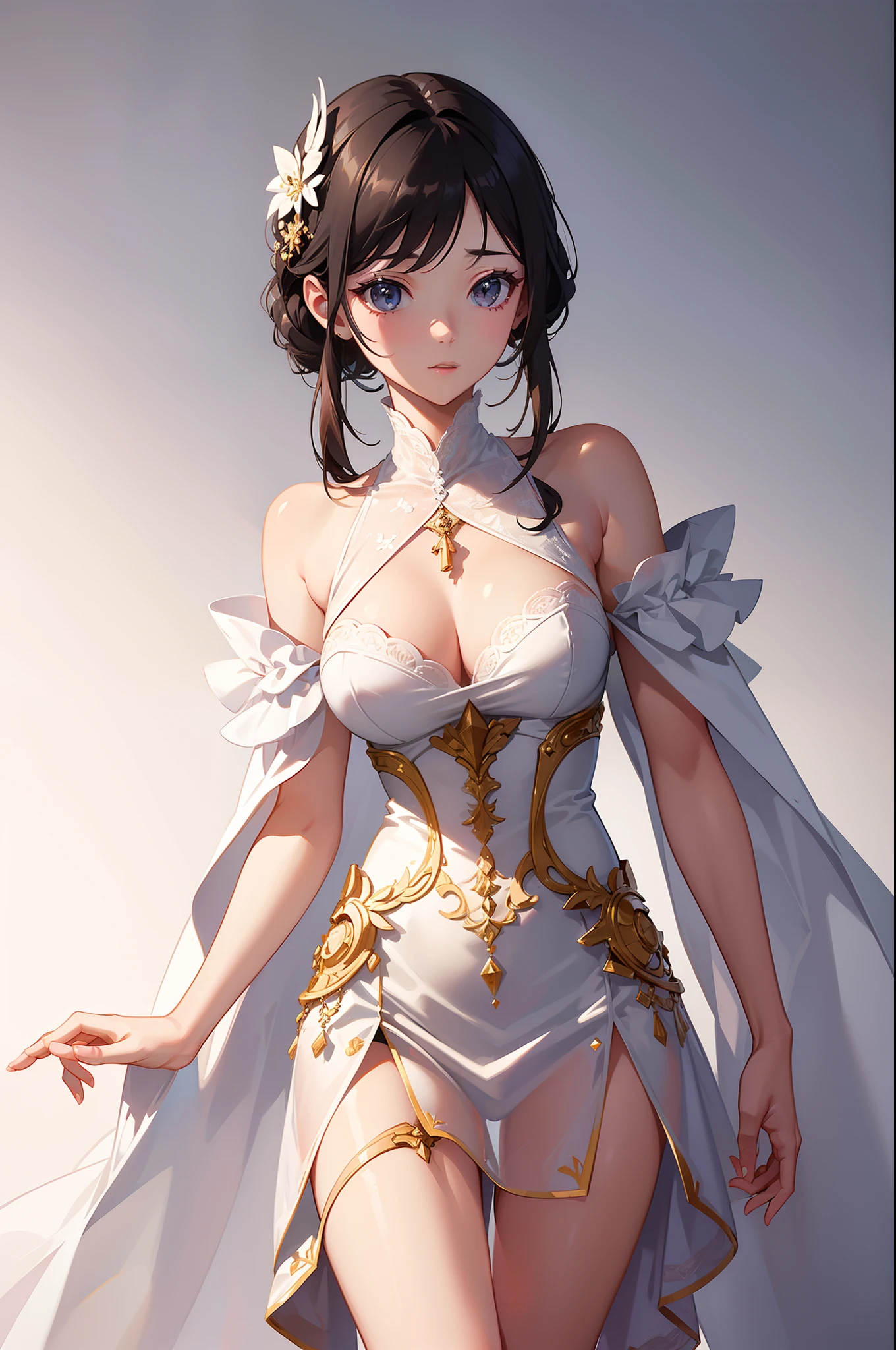 1 cute girl , walking on the runway , cowboy shot,from above, luxury ready-made clothing , (show off ) ,((masterpiece)), ((best quality)), ((ultra-detailed)), (illustration), ((an extremely delicate and beautiful))
