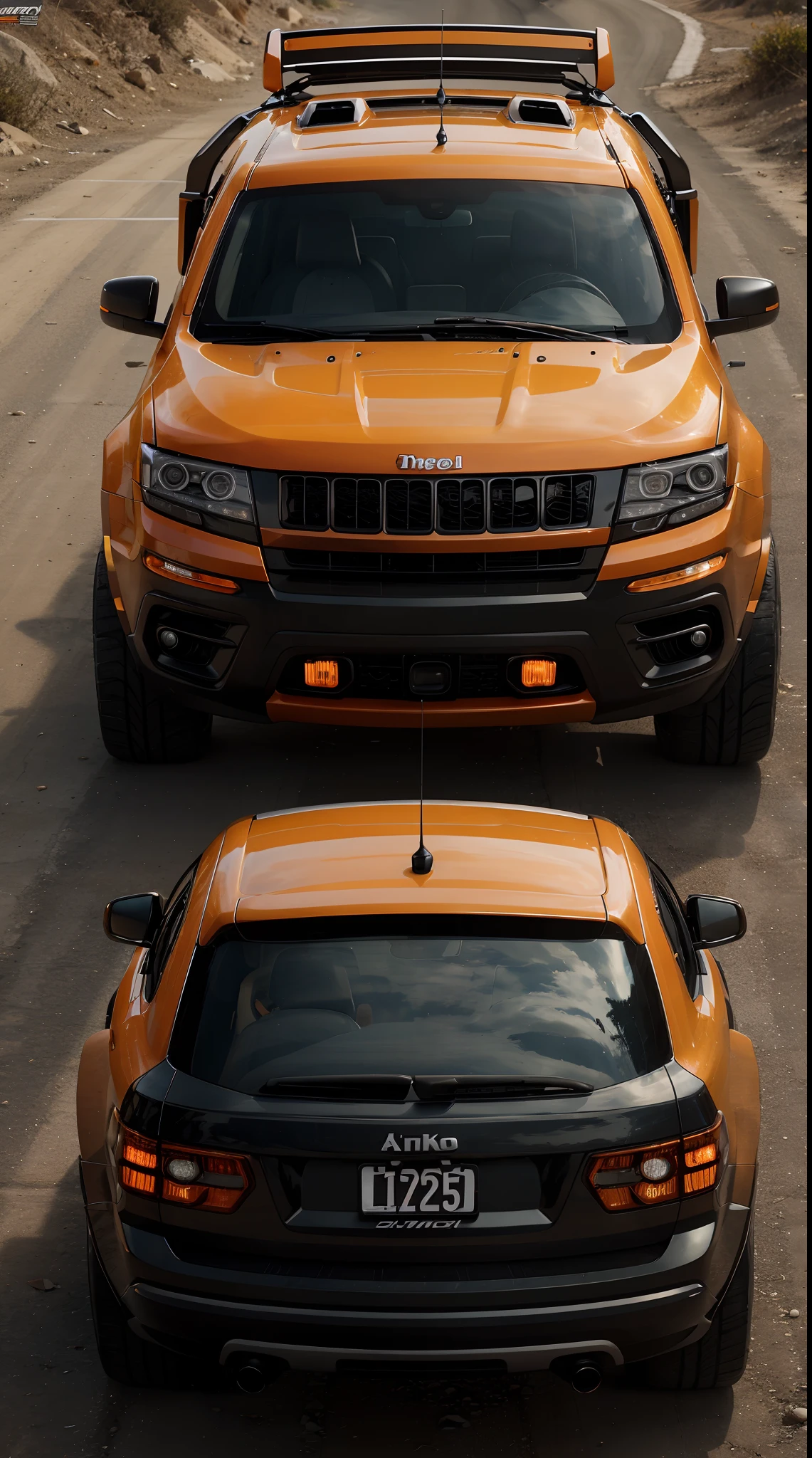 Orange and black Jeep Grand Cherokee custom futuristic, hyper detailed 8K detail concept art, 2004 model, body kit, aggressive tires, hood scoop, brilliant orange,