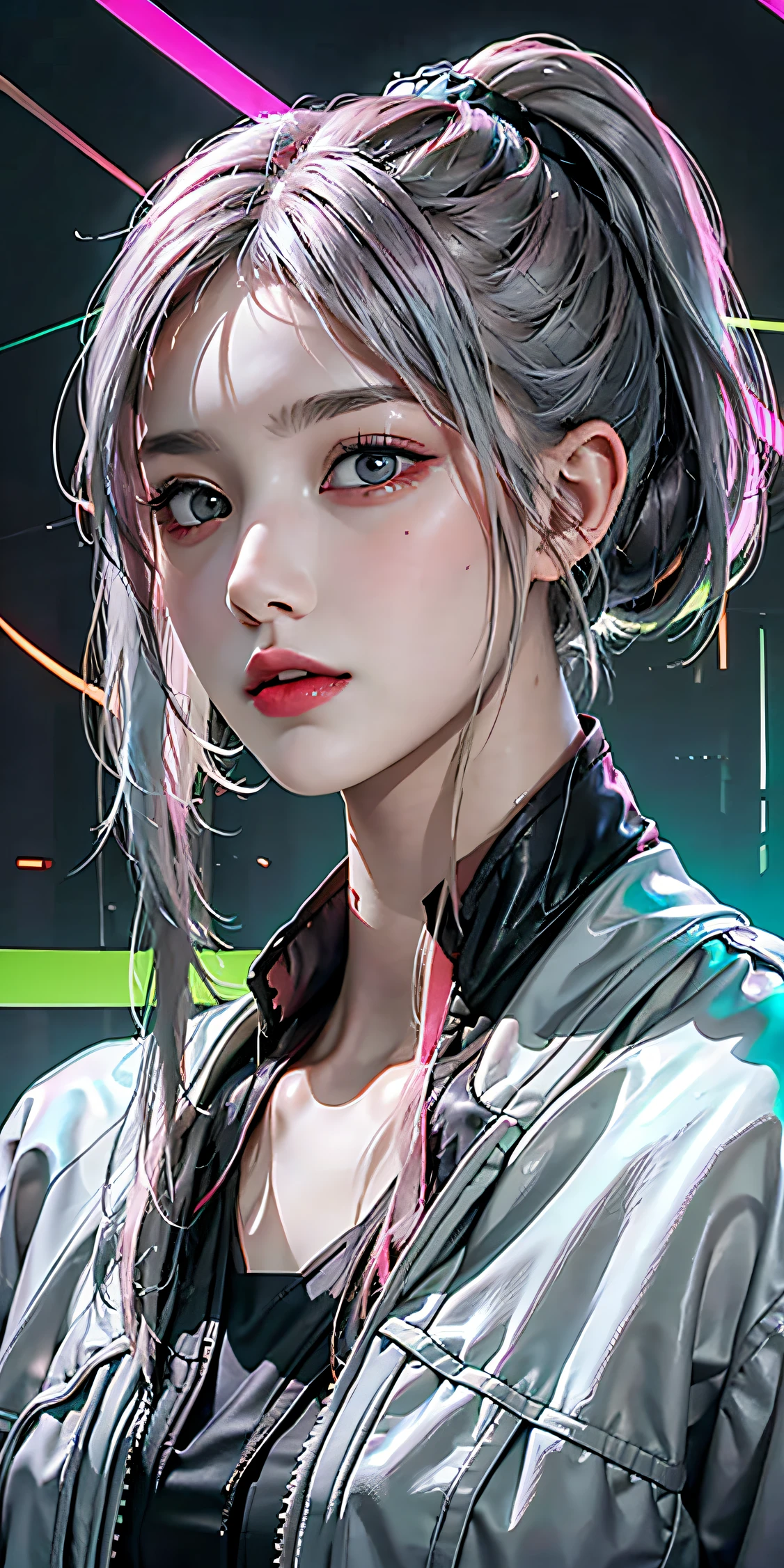 lucy \(cyberpunk\), 1girl,  hair scrunchie, hime cut, silver hair, colored tips, full moon, grey eyes, jacket, long sleeves, looking at viewer, medium hair, multicolored hair, parted bangs, parted lips, pink hair, portrait, red eyeliner, red lips, solo, white jacket, cyberpunk \(series\), rainy night in a cyberpunk city with glowing neon lights